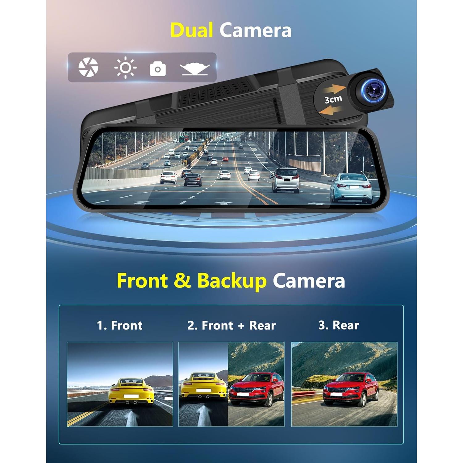 Cámara de Espejo Retrovisor Podofo 9.66" Doble Cámara 1080P