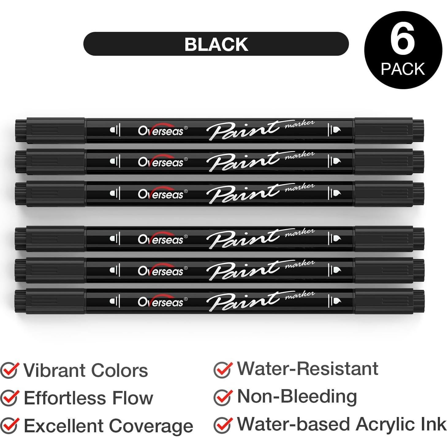 Marcadores Acrílicos Doble Punta Overseas 6 Unidades Negro