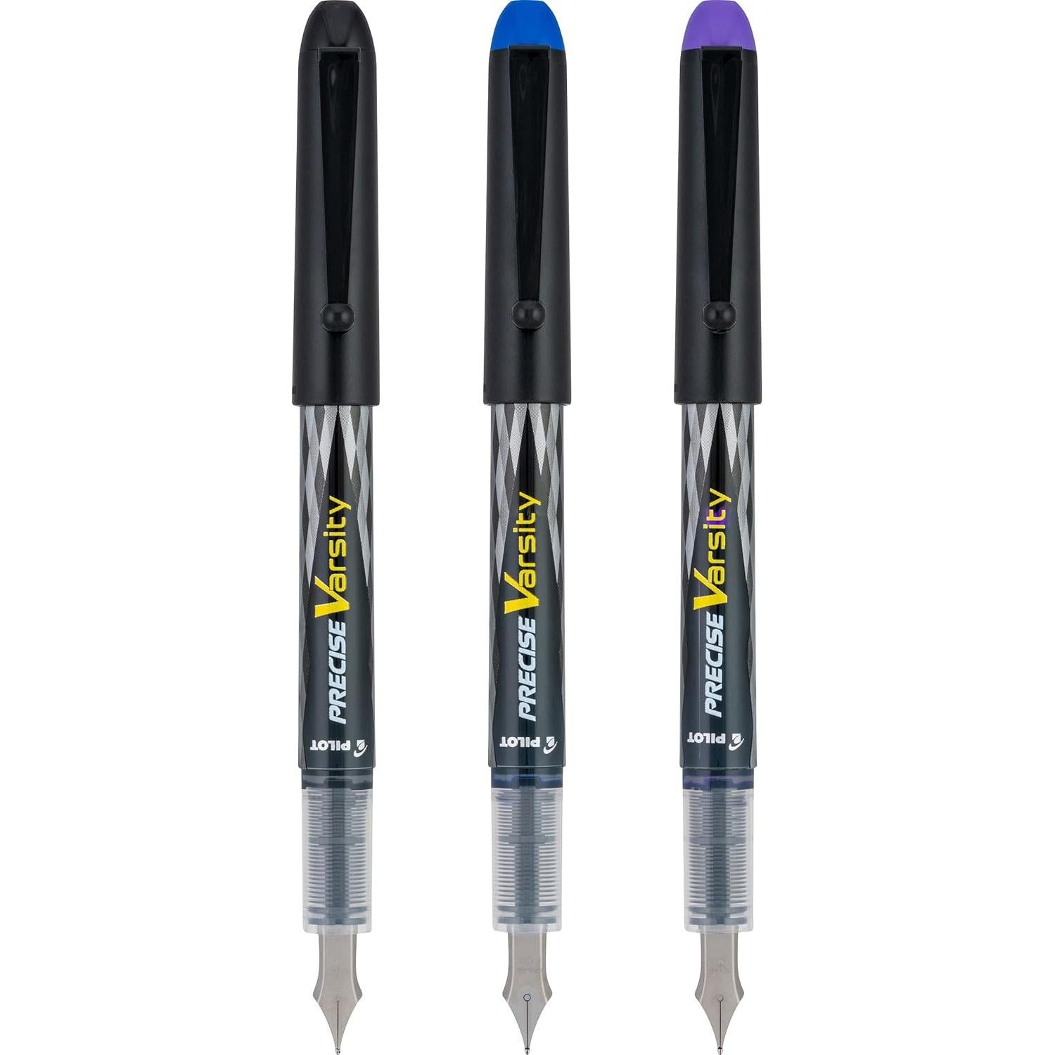 Plumas Fuente Desechables Pilot Varsity, Paquete de 3, Tinta Negra/Azul/Púrpura