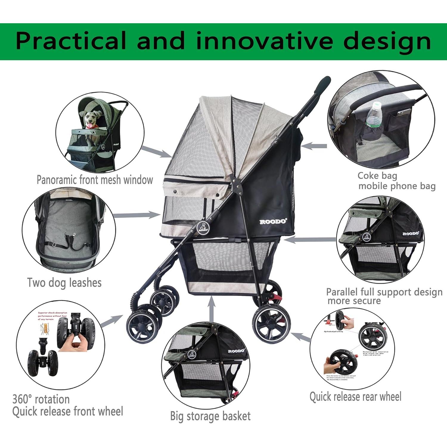 Carrito de Paseo para Mascotas ROODO 4 Ruedas Plegable 13.6kg