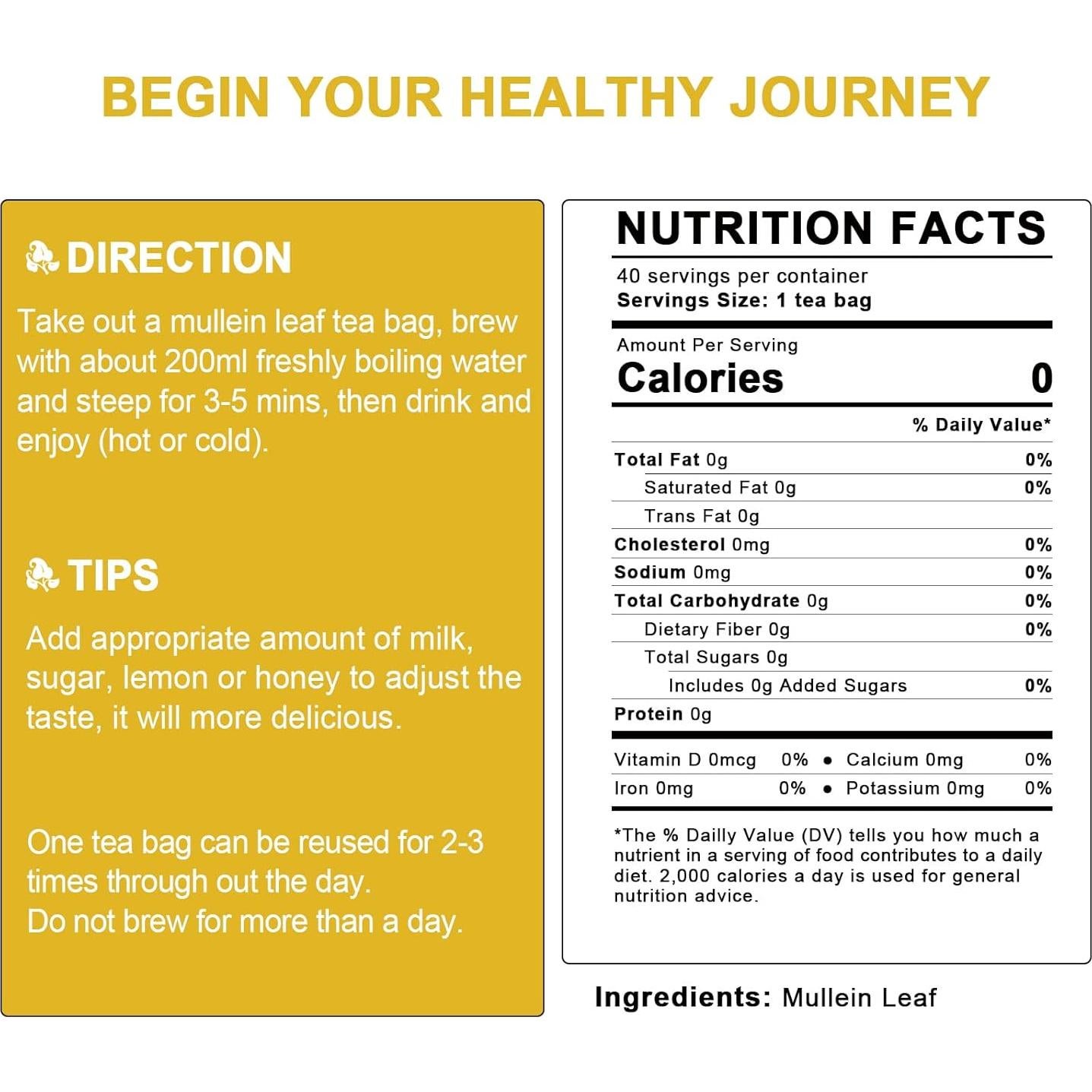 Té de hoja de Mullein Catfit - 40 bolsas, sin cafeína, No OGM