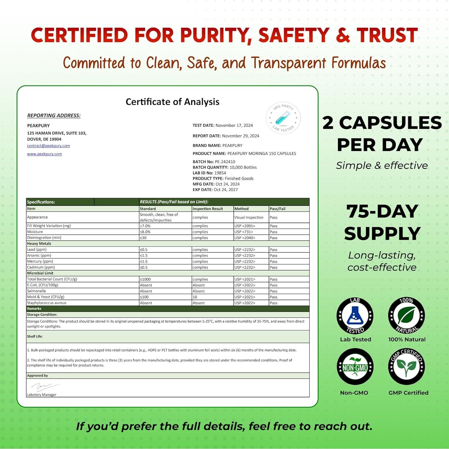 Suplemento de Moringa PeakPury 150 Cápsulas - Bienestar Articular