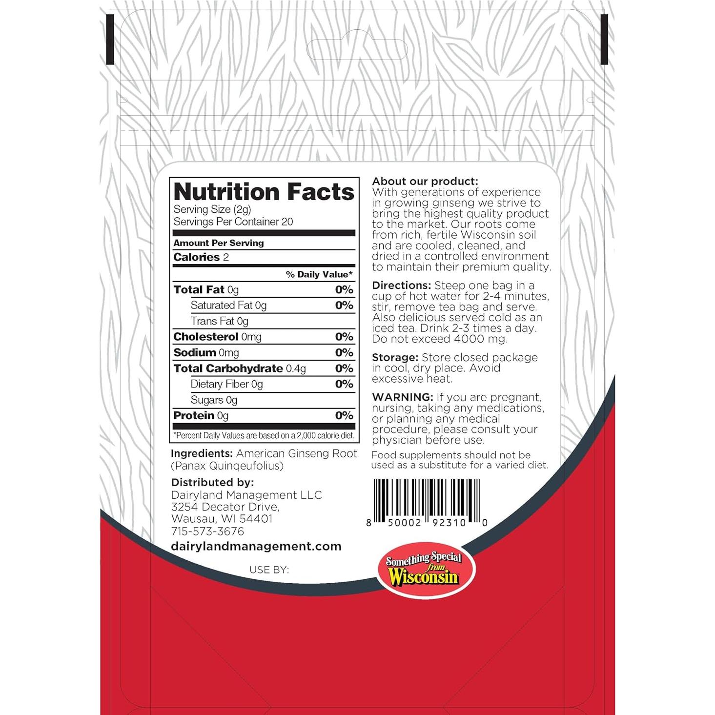 Bolsitas de Té de Ginseng Americano Dairyland 20 Unidades - Sin OGM