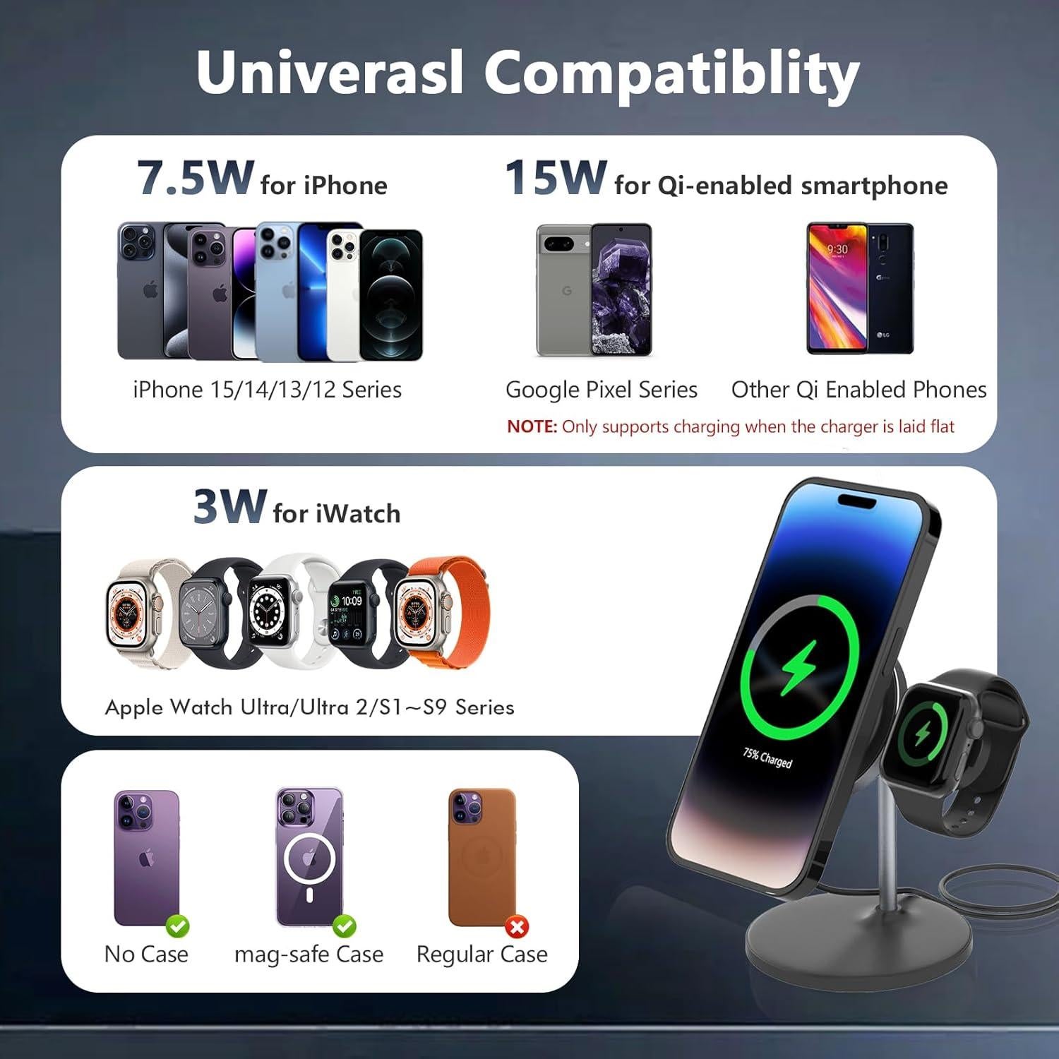 Cargador Inalámbrico Magnético 2 en 1 2C2Y 15W para iPhone y Apple Watch - Negro