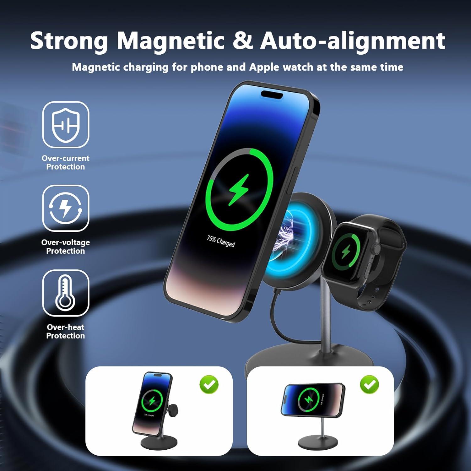 Cargador Inalámbrico Magnético 2 en 1 2C2Y 15W para iPhone y Apple Watch - Negro