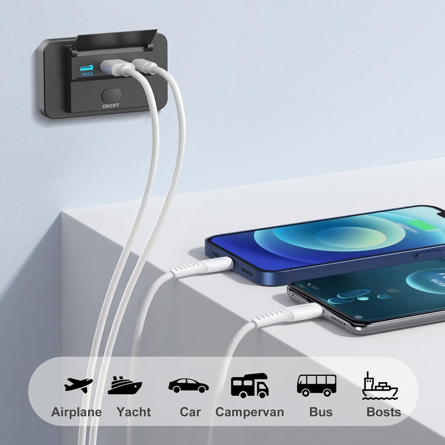 Cargador USB 12V Hapytrip Doble USB-C 30W QC 3.0 Montaje Superficial
