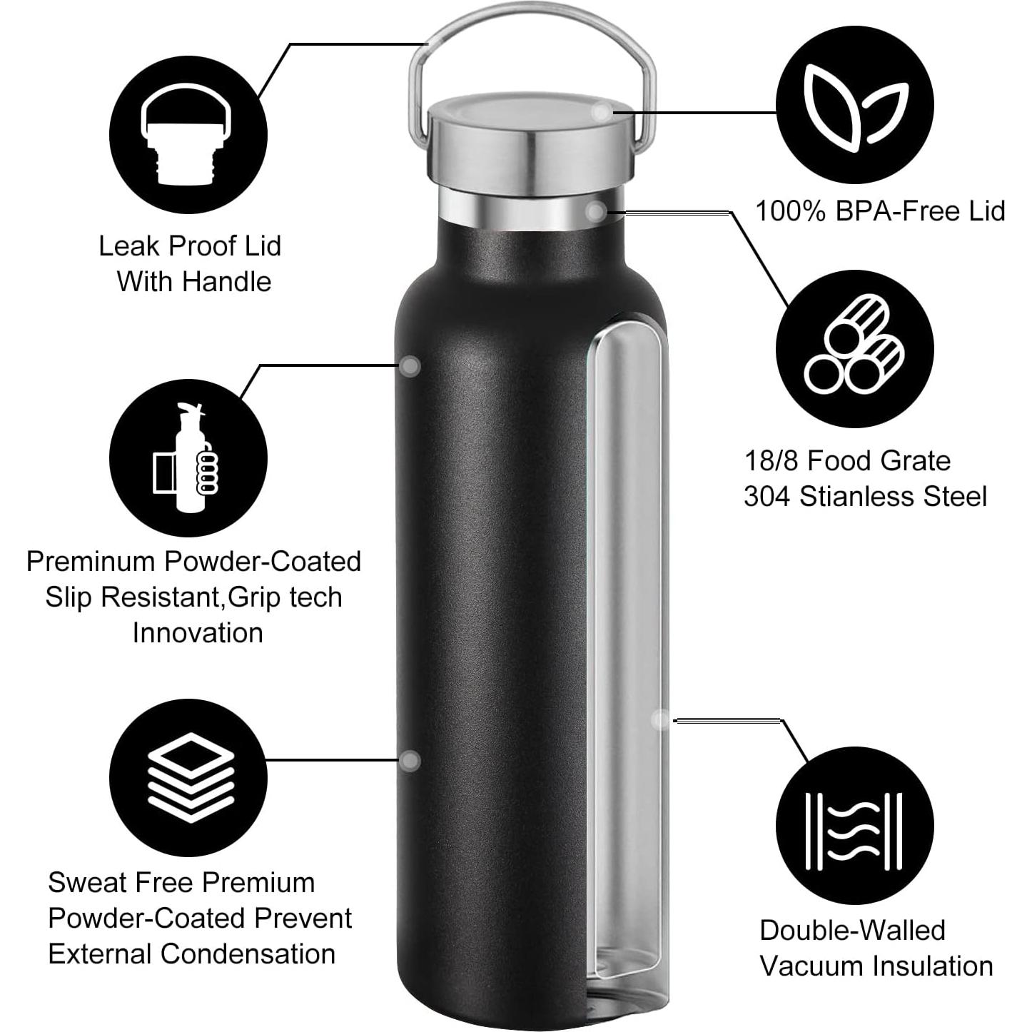 Botella de Agua Neihepal 20 oz Acero Inoxidable Doble Pared Negra