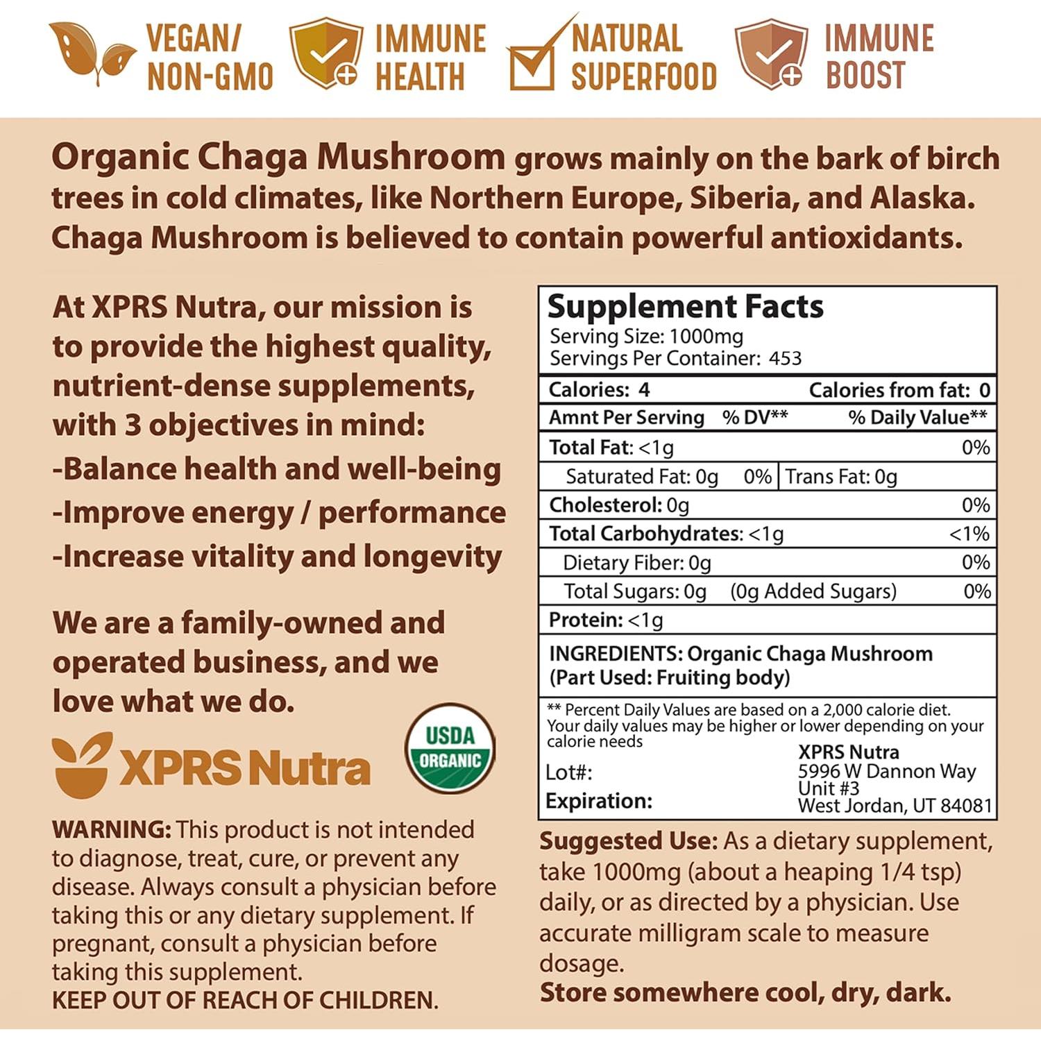 Polvo de Hongo Chaga Orgánico XPRS Nutra 113.4g - Superalimento