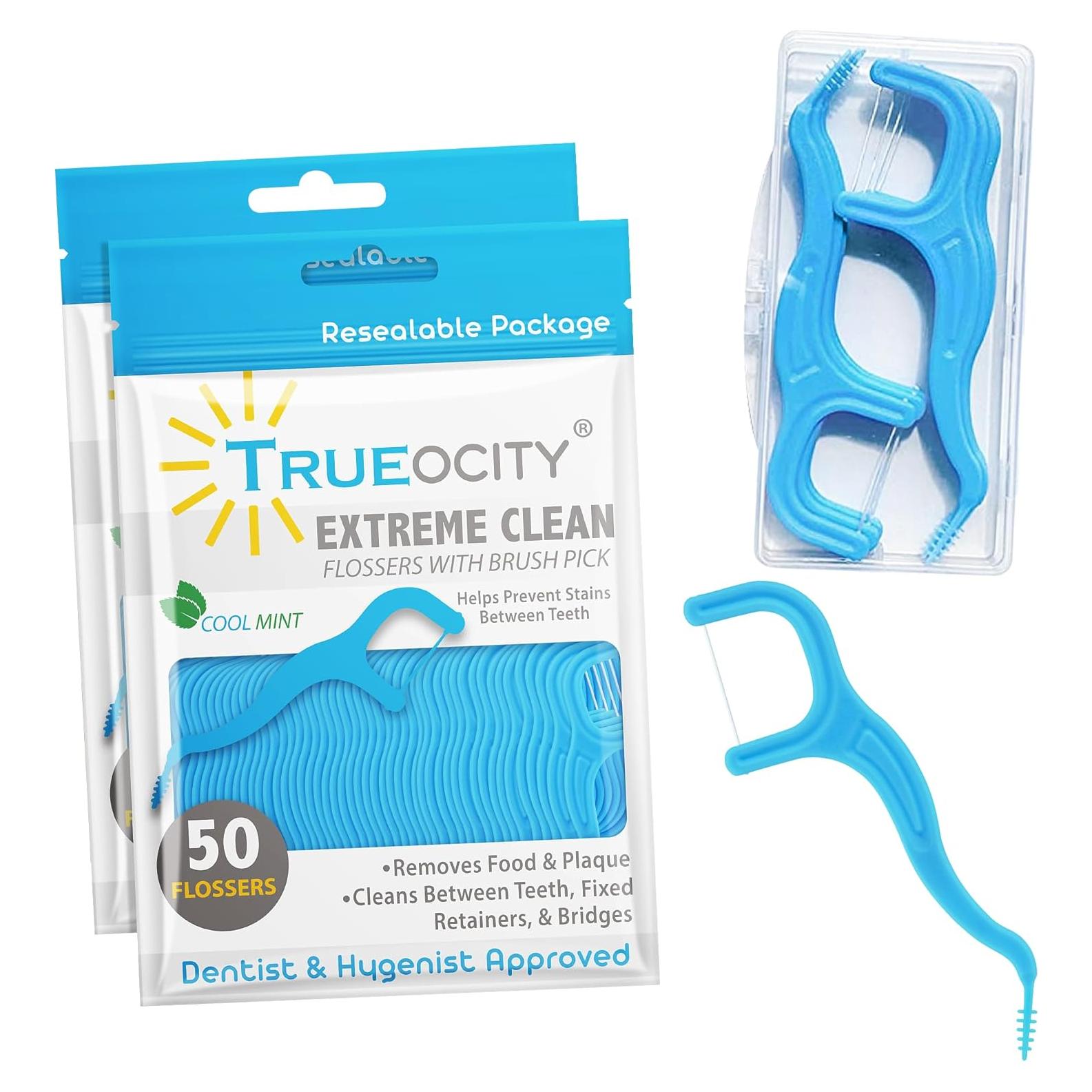 Hilos Dentales Trueocity 2 en 1 con Palillos - 100 Unidades