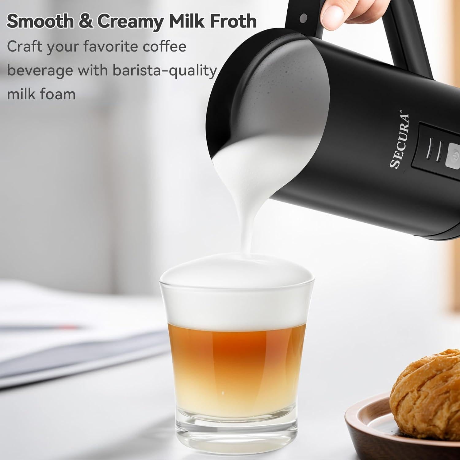 Espumador de Leche Secura Eléctrico 250ml Acero Inoxidable Negro