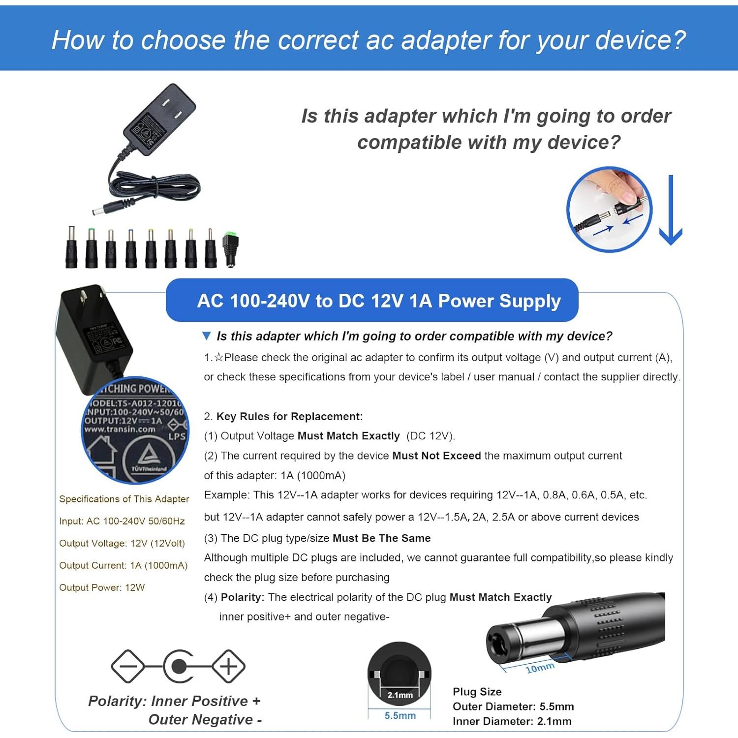 Adaptador de Alimentación 12V 1A Genérico con 9 Conectores