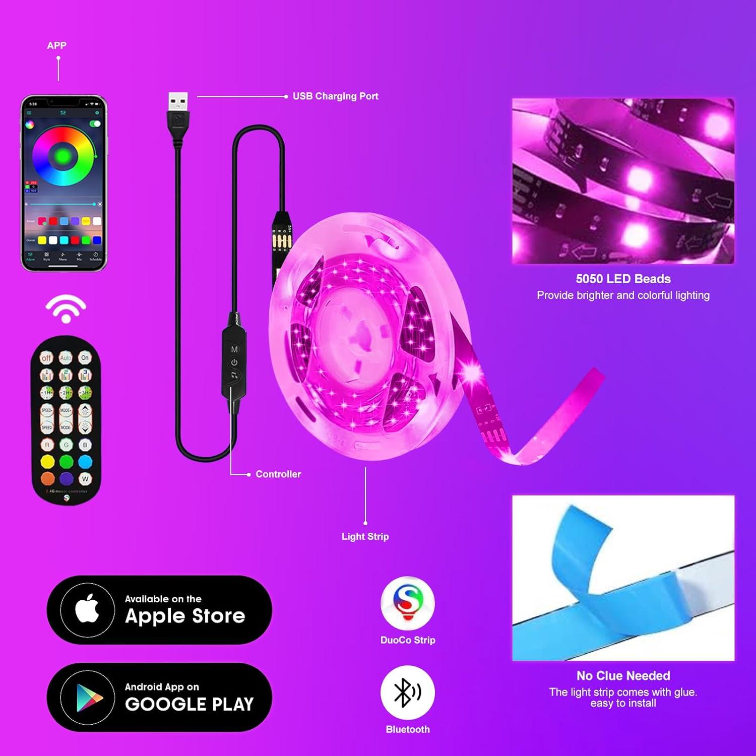 Tira de luz LED RGB 4.0m TYVORT con control remoto y Bluetooth