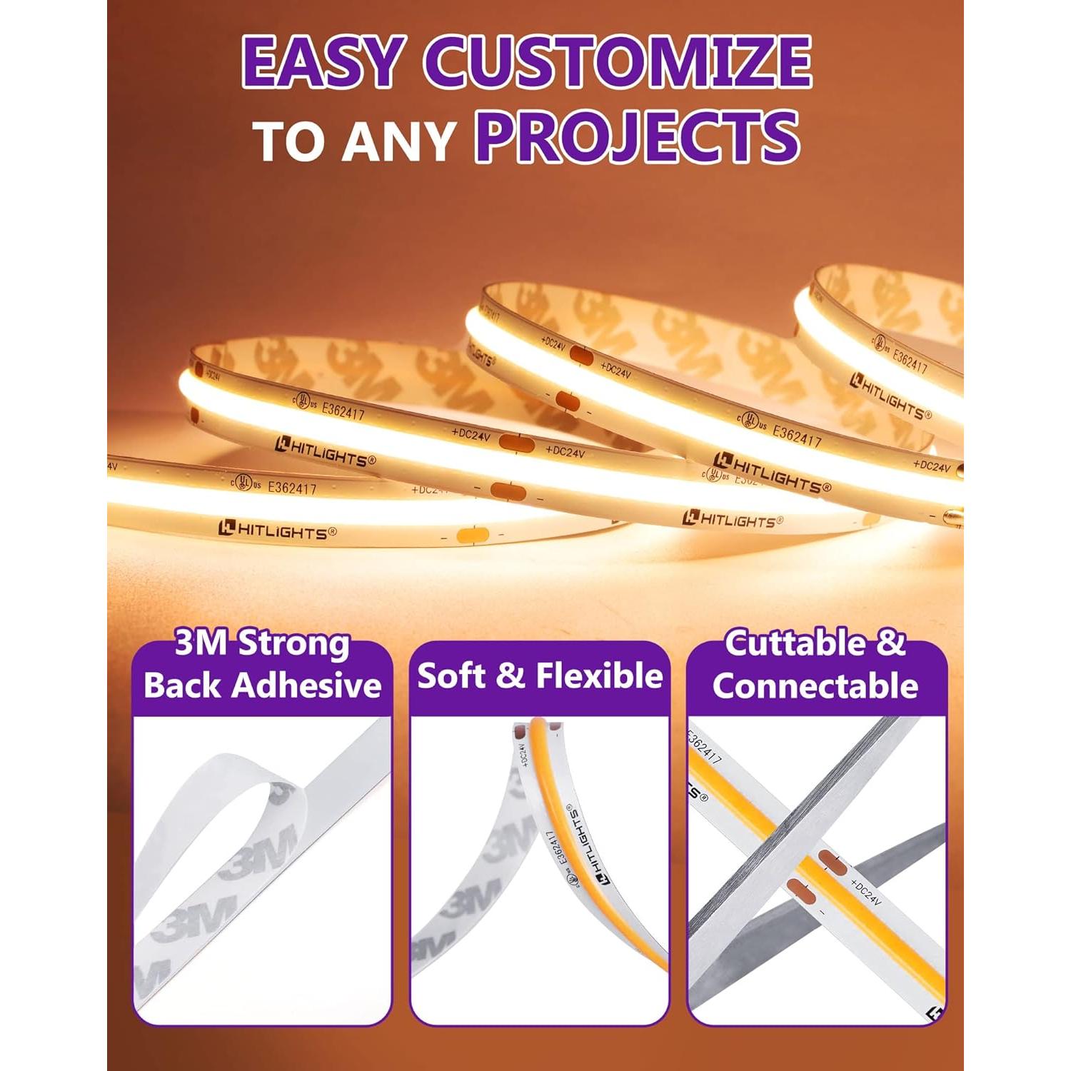 Tira LED COB 24V HitLights 5m Blanco Cálido 2700K 2560 LEDs