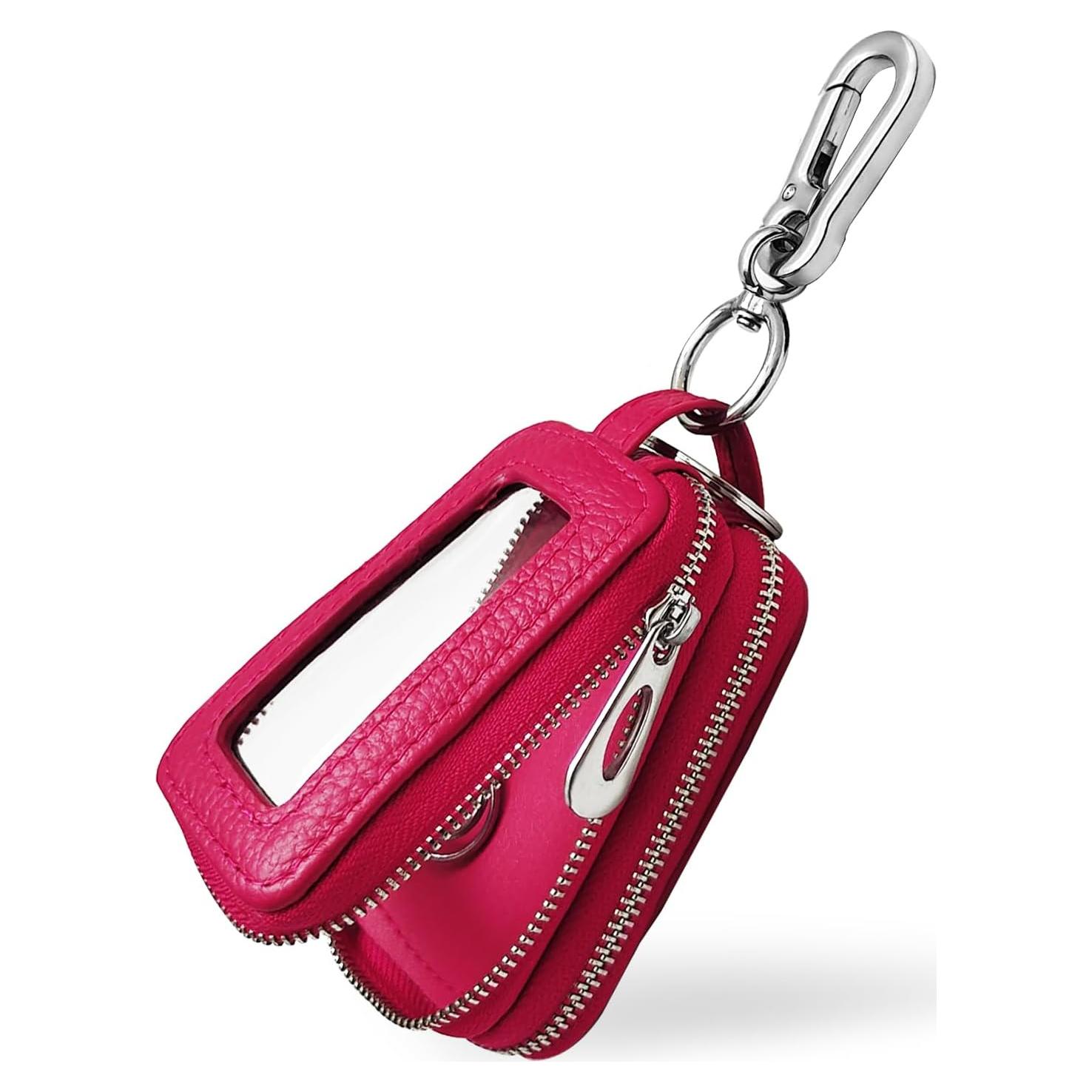 Funda de llavero de coche NTNEV de cuero rojo rosa con cremallera