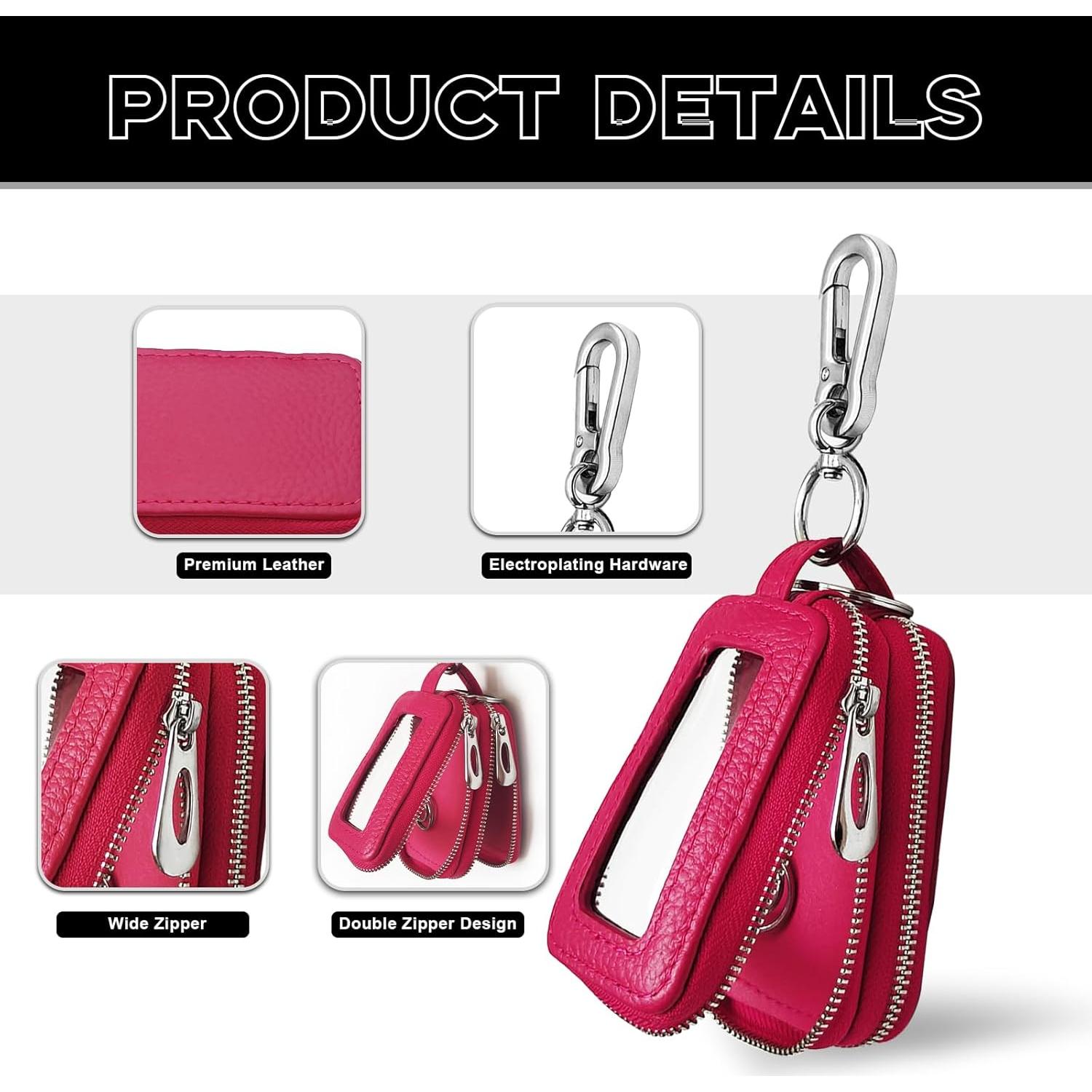 Funda de llavero de coche NTNEV de cuero rojo rosa con cremallera