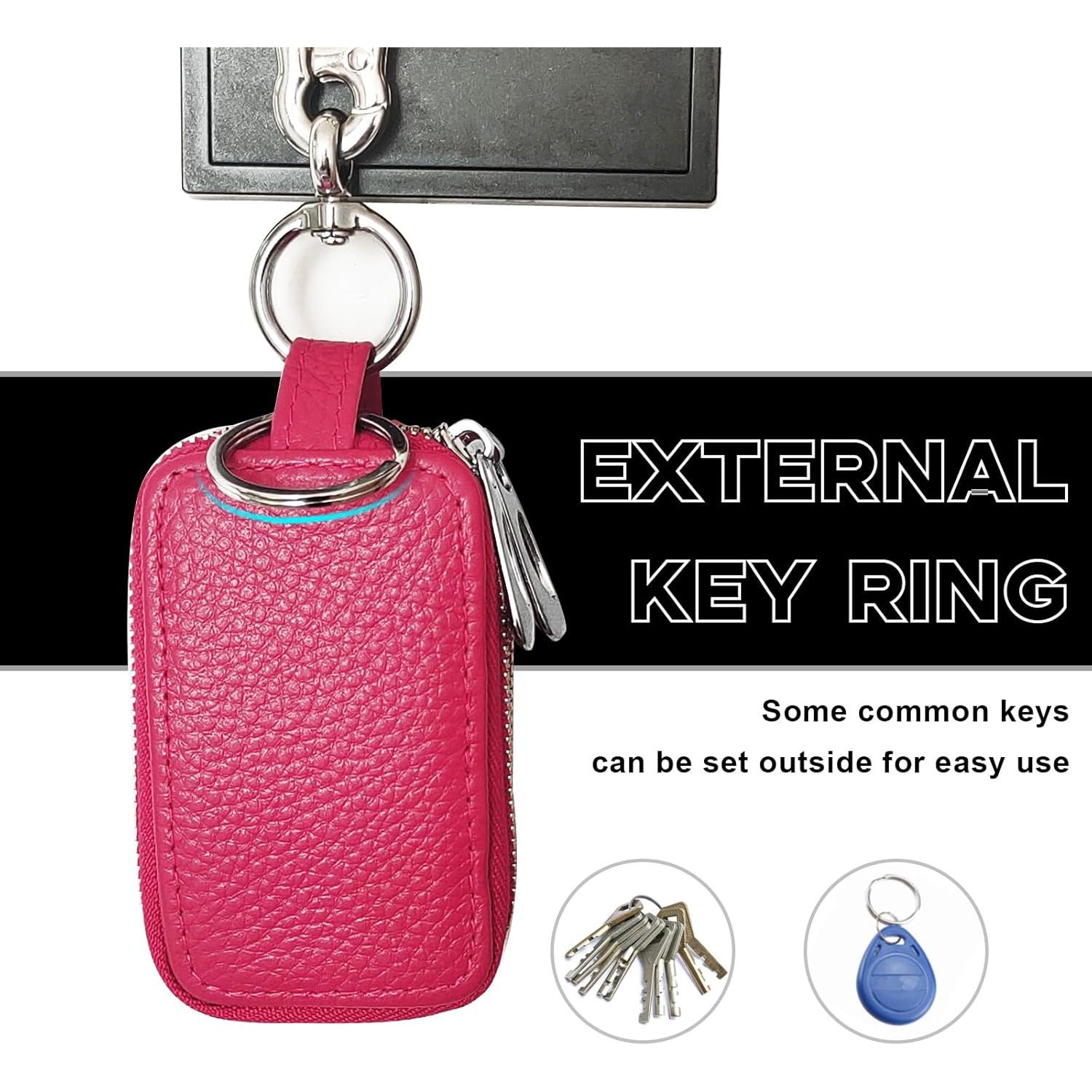 Funda de llavero de coche NTNEV de cuero rojo rosa con cremallera