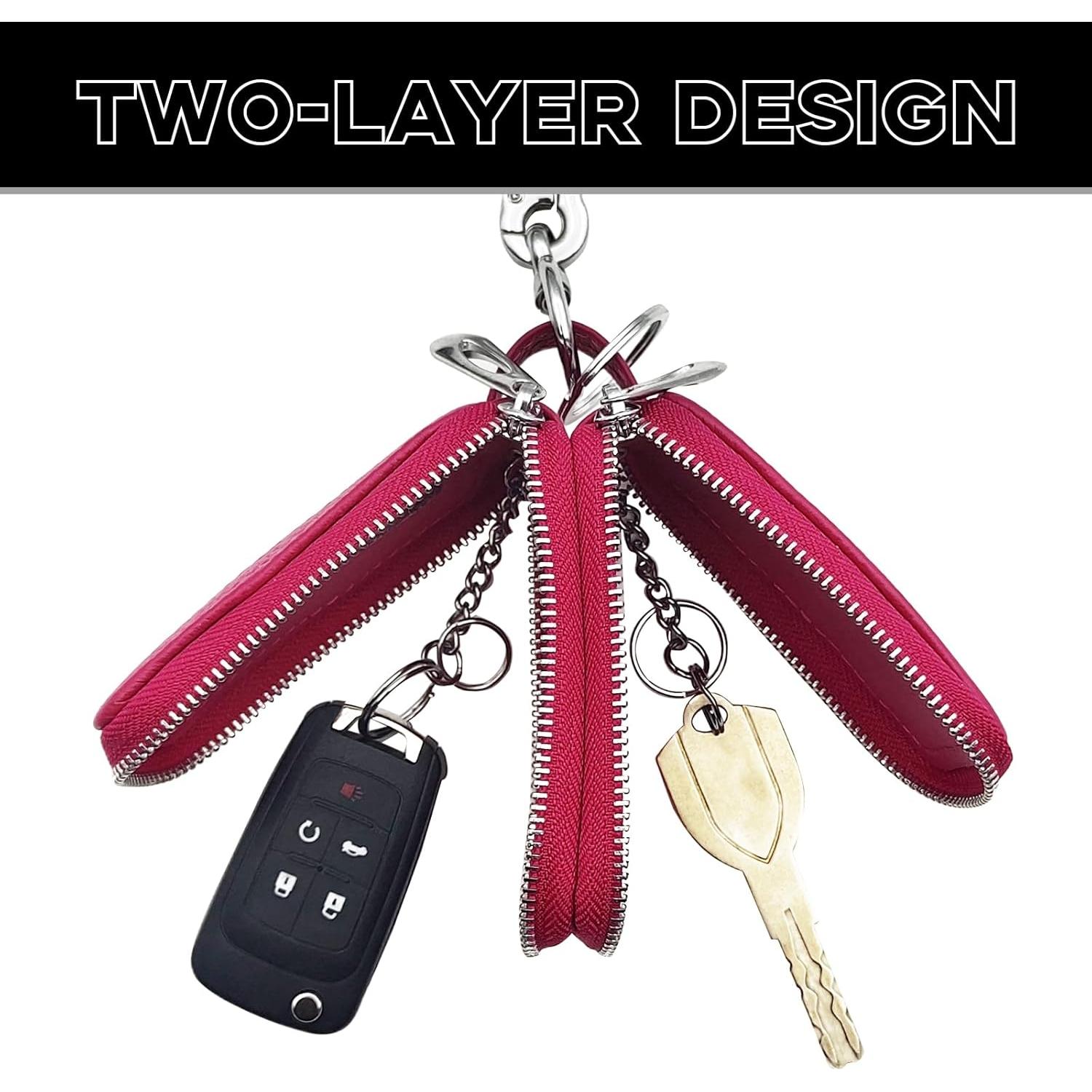 Funda de llavero de coche NTNEV de cuero rojo rosa con cremallera