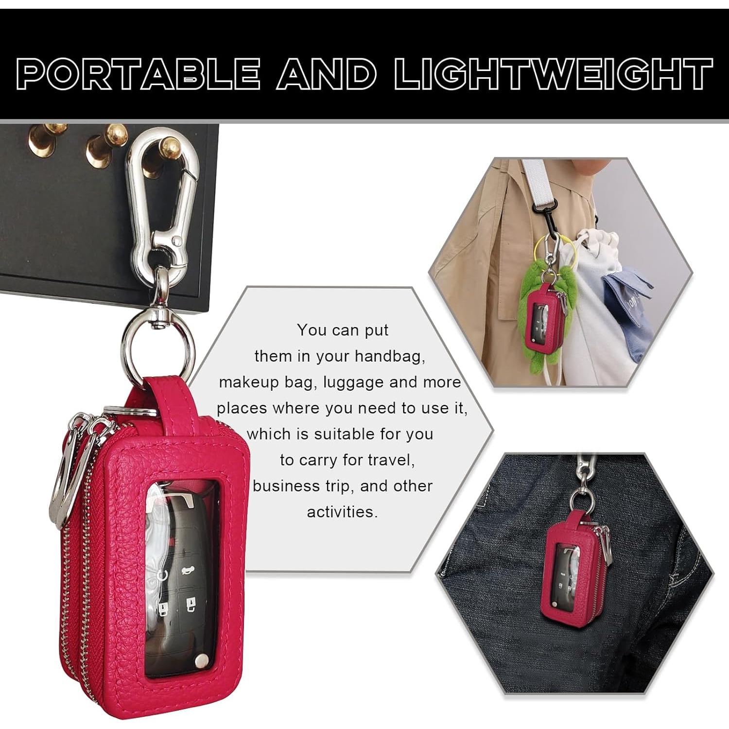 Funda de llavero de coche NTNEV de cuero rojo rosa con cremallera