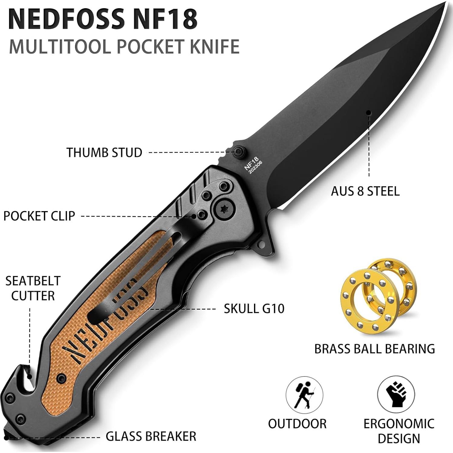 Cuchillo Plegable NedFoss NF18, 3 en 1, 9.7 cm, Supervivencia