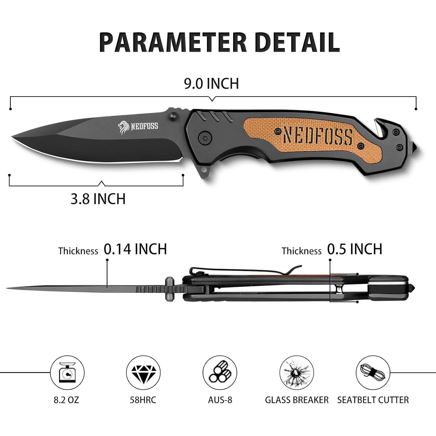 Cuchillo Plegable NedFoss NF18, 3 en 1, 9.7 cm, Supervivencia