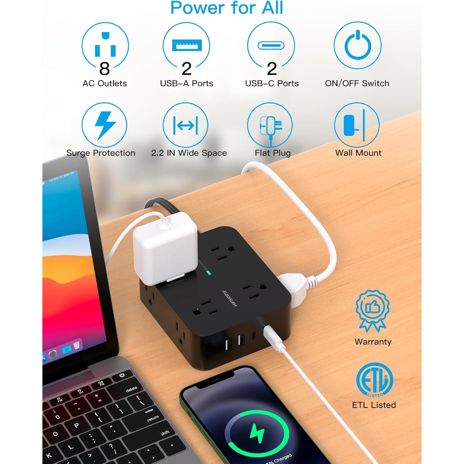 Regleta de Enchufe HANYCONY 5 pies con 8 Salidas y 4 USB