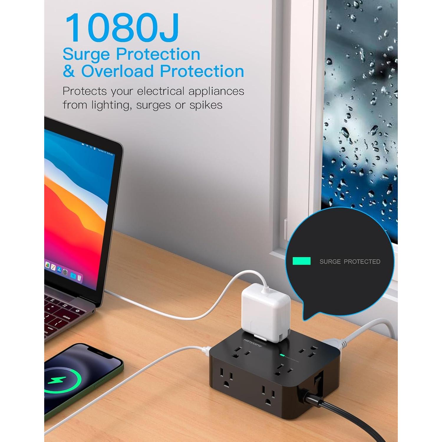 Regleta de Enchufe HANYCONY 5 pies con 8 Salidas y 4 USB