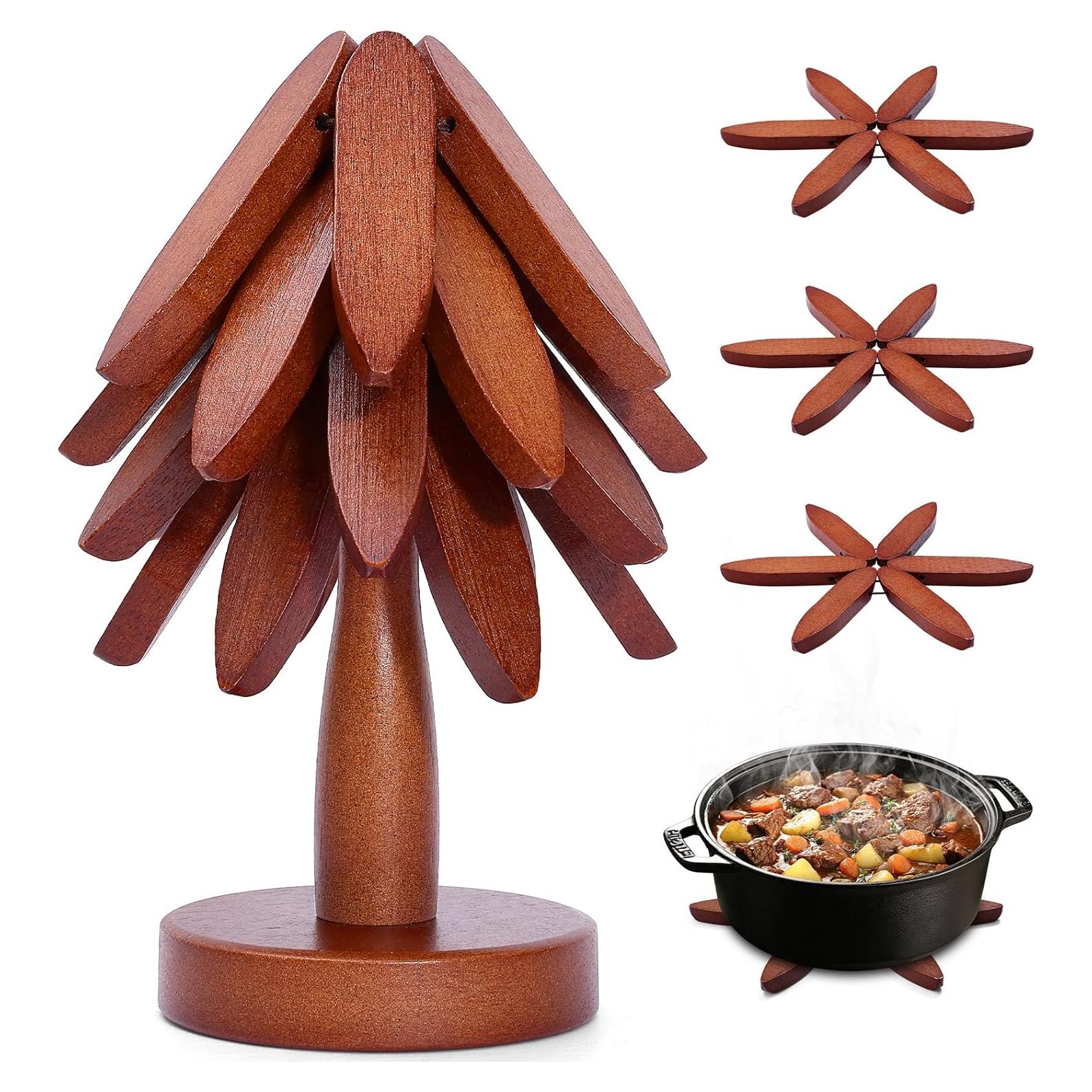 Set de 4 Trivetes de Madera de Nogal en Forma de Árbol