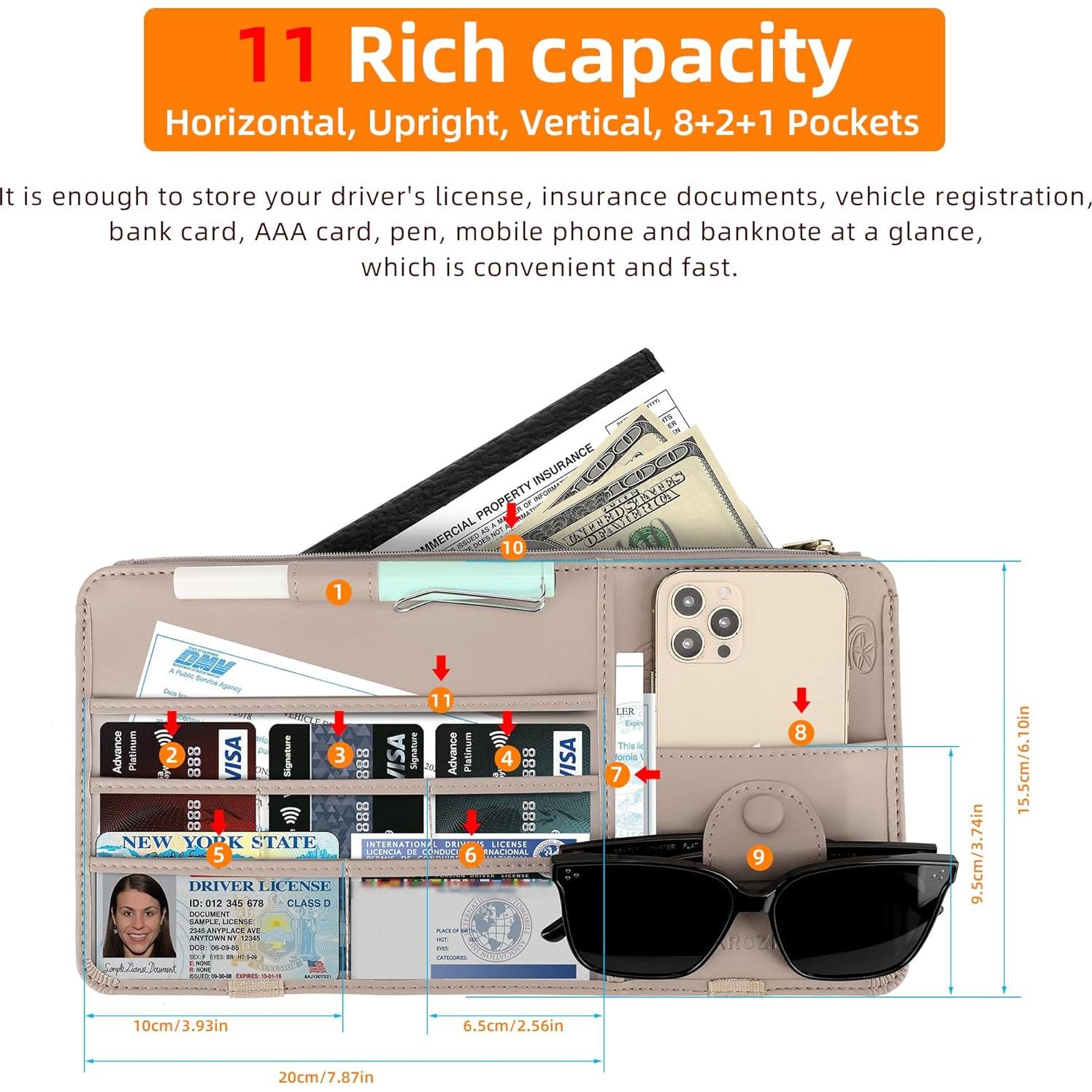 Organizador de Visera Solar XROZRK para Autos y SUVs - Khaki Claro