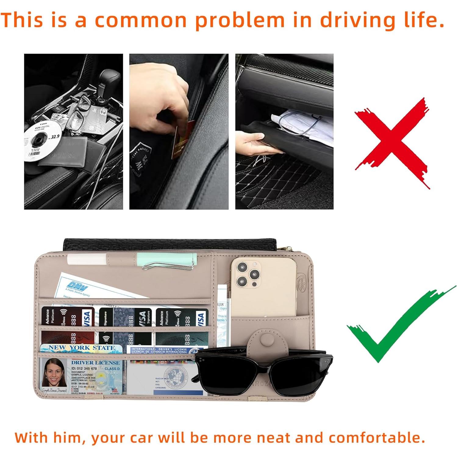 Organizador de Visera Solar XROZRK para Autos y SUVs - Khaki Claro