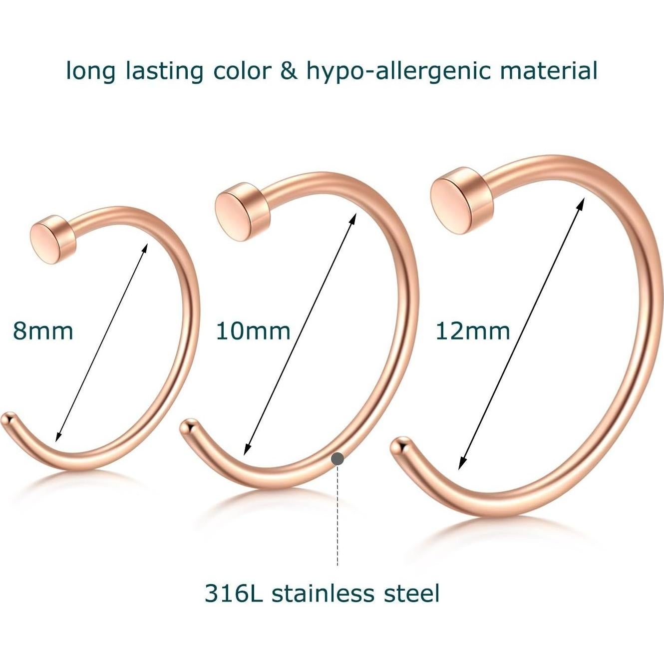 Aros Nasales D.Bella 18G Acero Inoxidable 14 Piezas Dorados