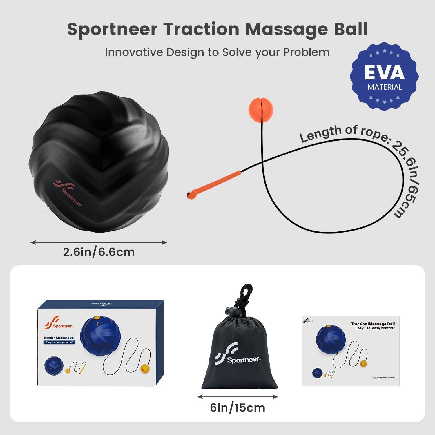 Bola de Masaje Sportneer con Cuerda, Terapia Miofascial Negra