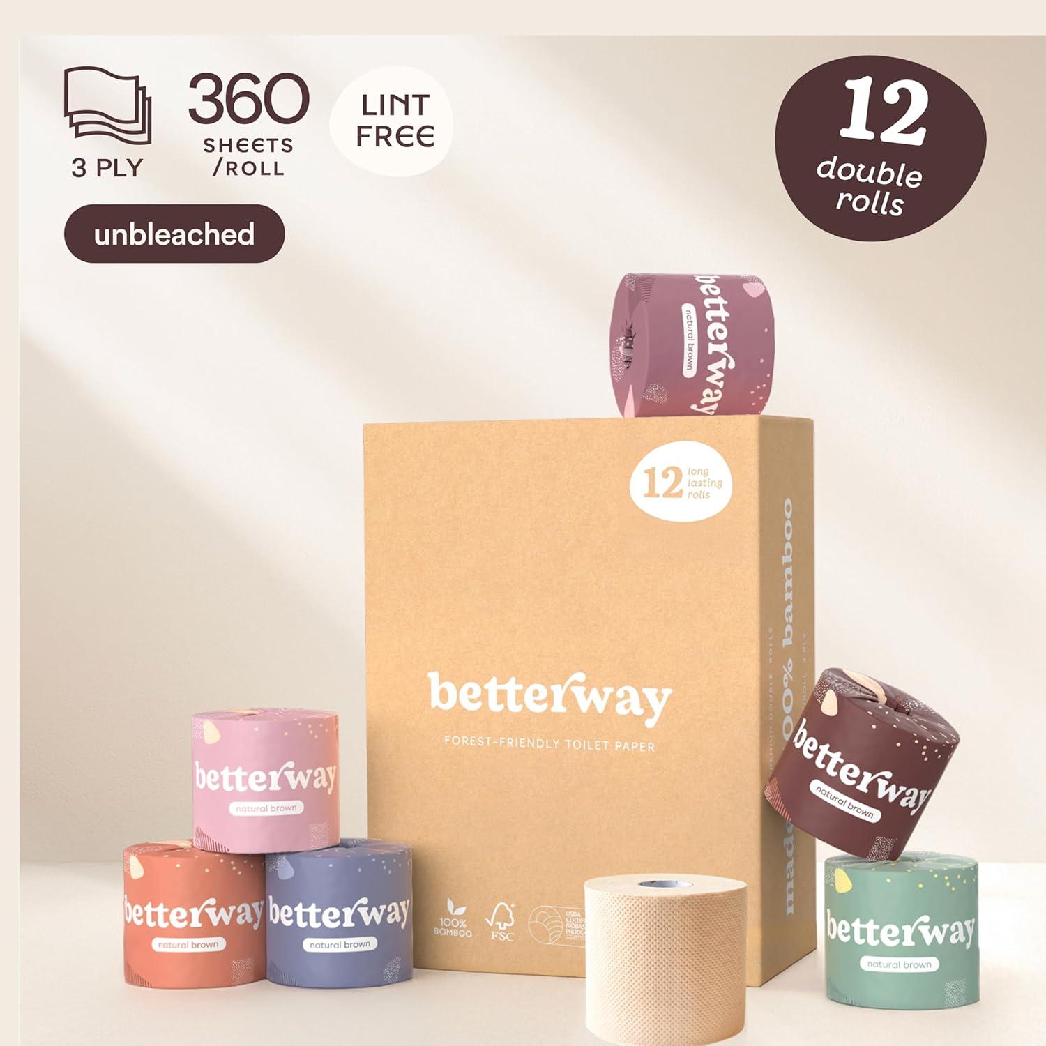 Papel Higiénico Ecológico de Bambú Betterway - 12 Rollos 360 Hojas