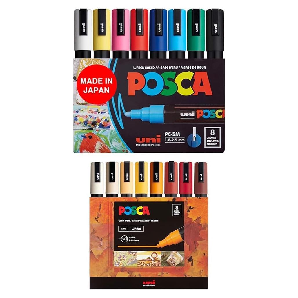 Paquete de 16 Marcadores Posca Medianos 5M - 8 Tonos Cálidos y Multicolor