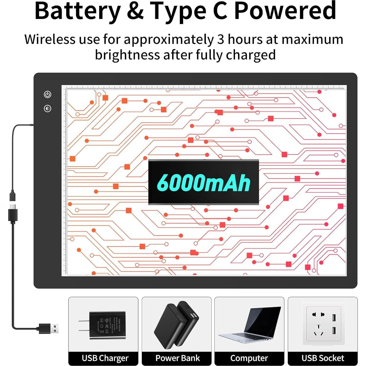 Tablero de Luz LED A1 TOHETO Recargable 90x60cm 3 Colores