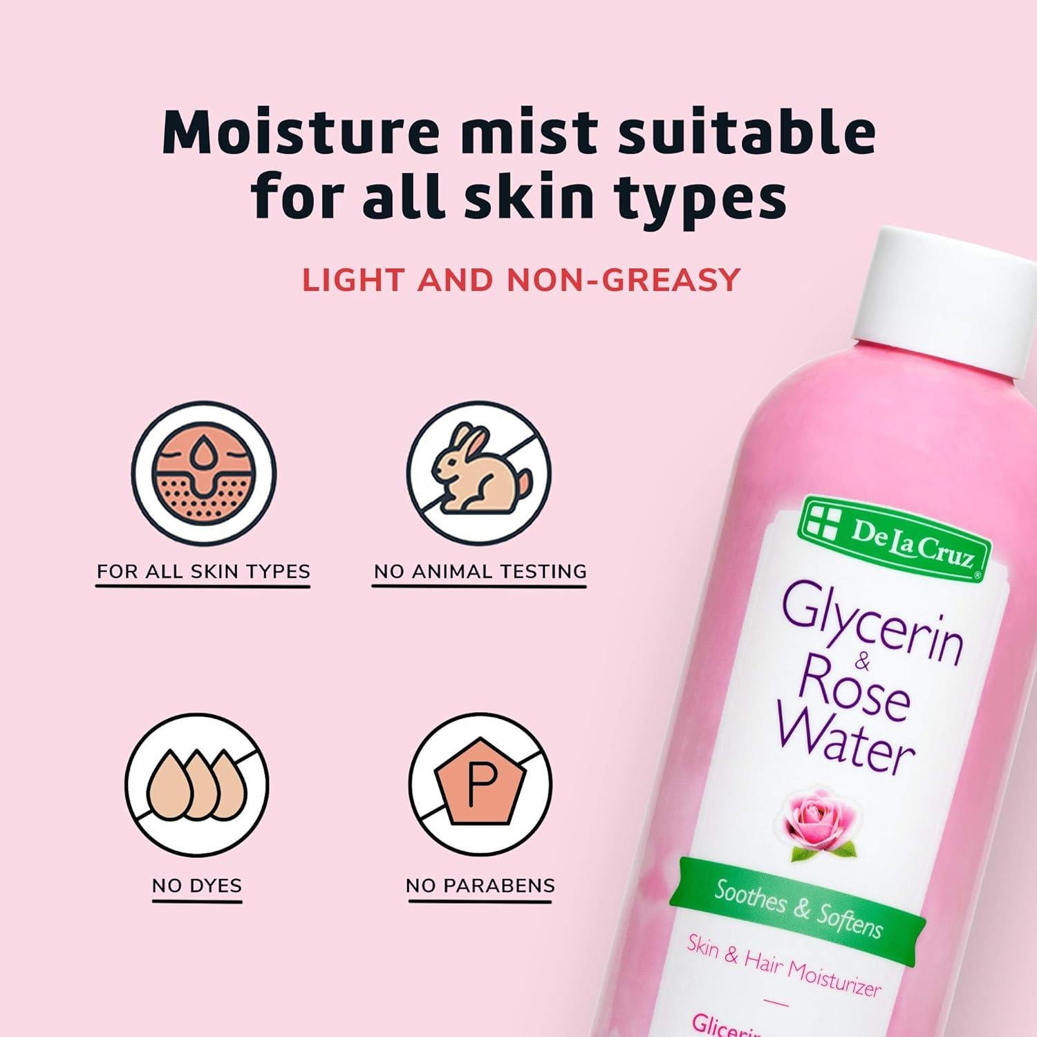 Agua de Rosa y Glicerina De La Cruz 236 mL - Tónico Facial Hidratante