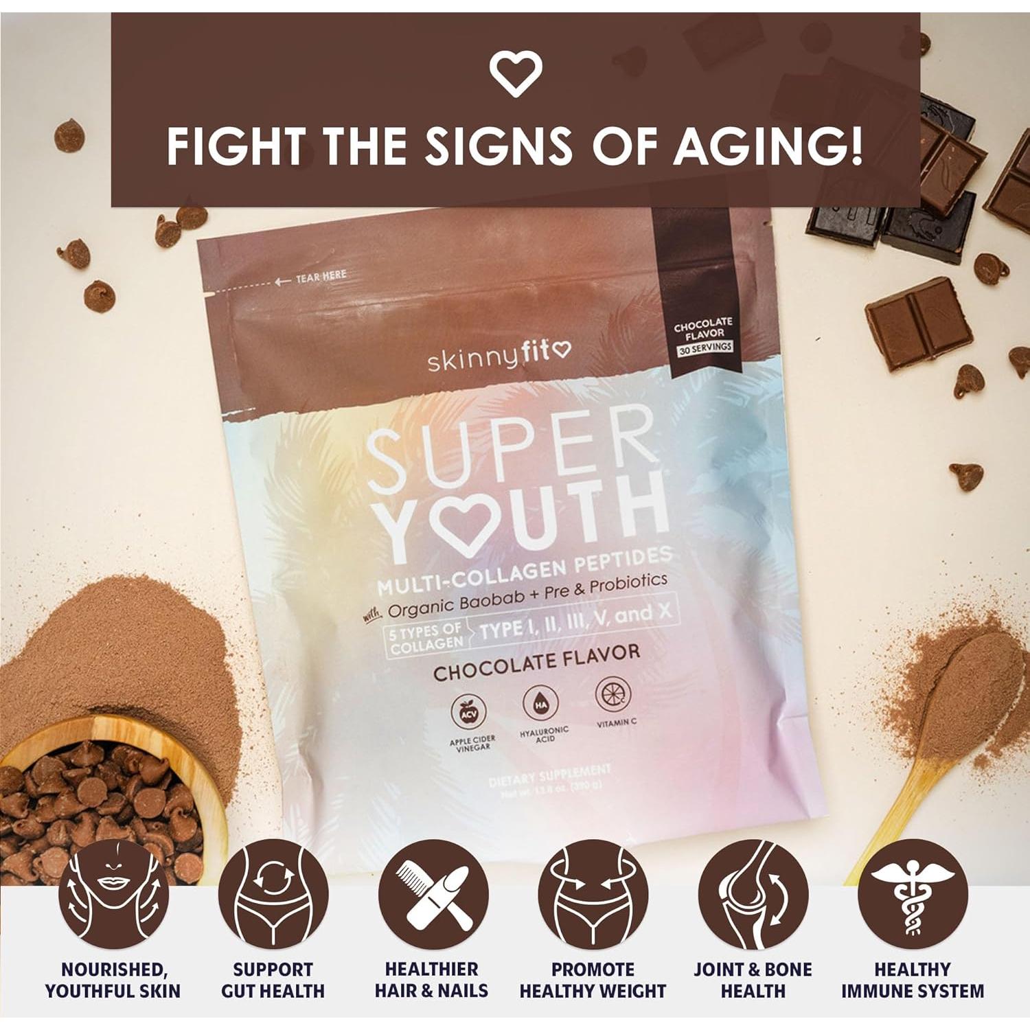 Polvo de Colágeno SkinnyFit Super Youth Chocolate 30 Porciones