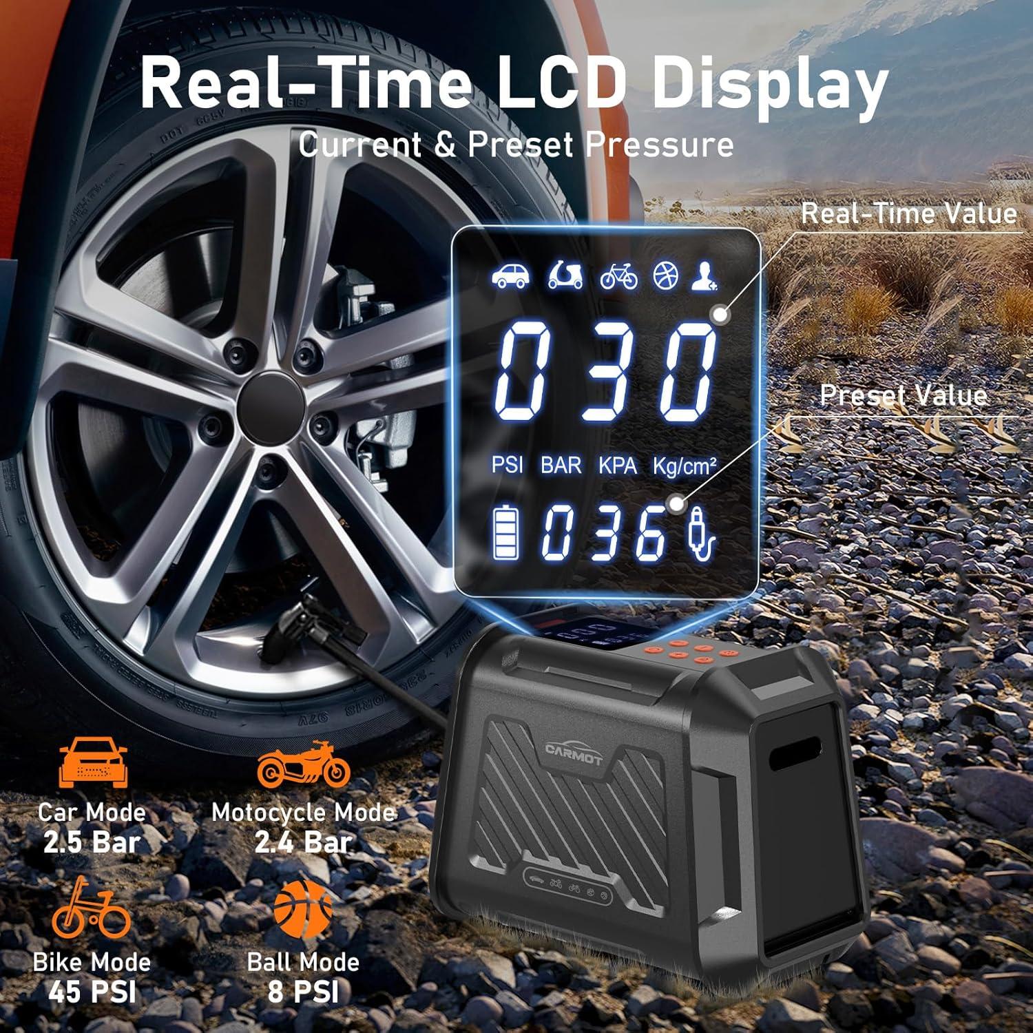 Compresor de Aire Portátil CARMOT 180 PSI con Pantalla LCD