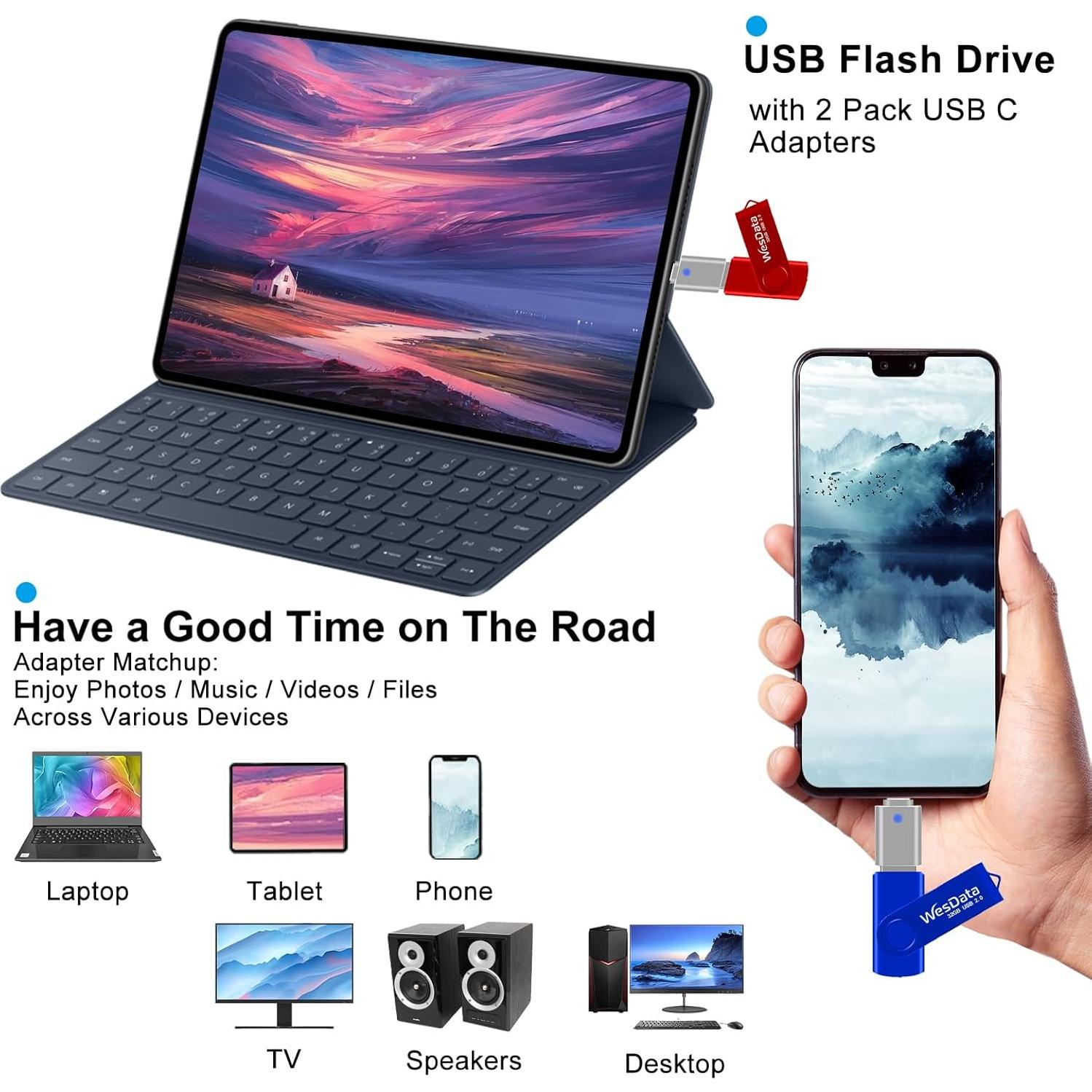 Paquete de 5 unidades USB 2.0 8GB WesData + 2 adaptadores C