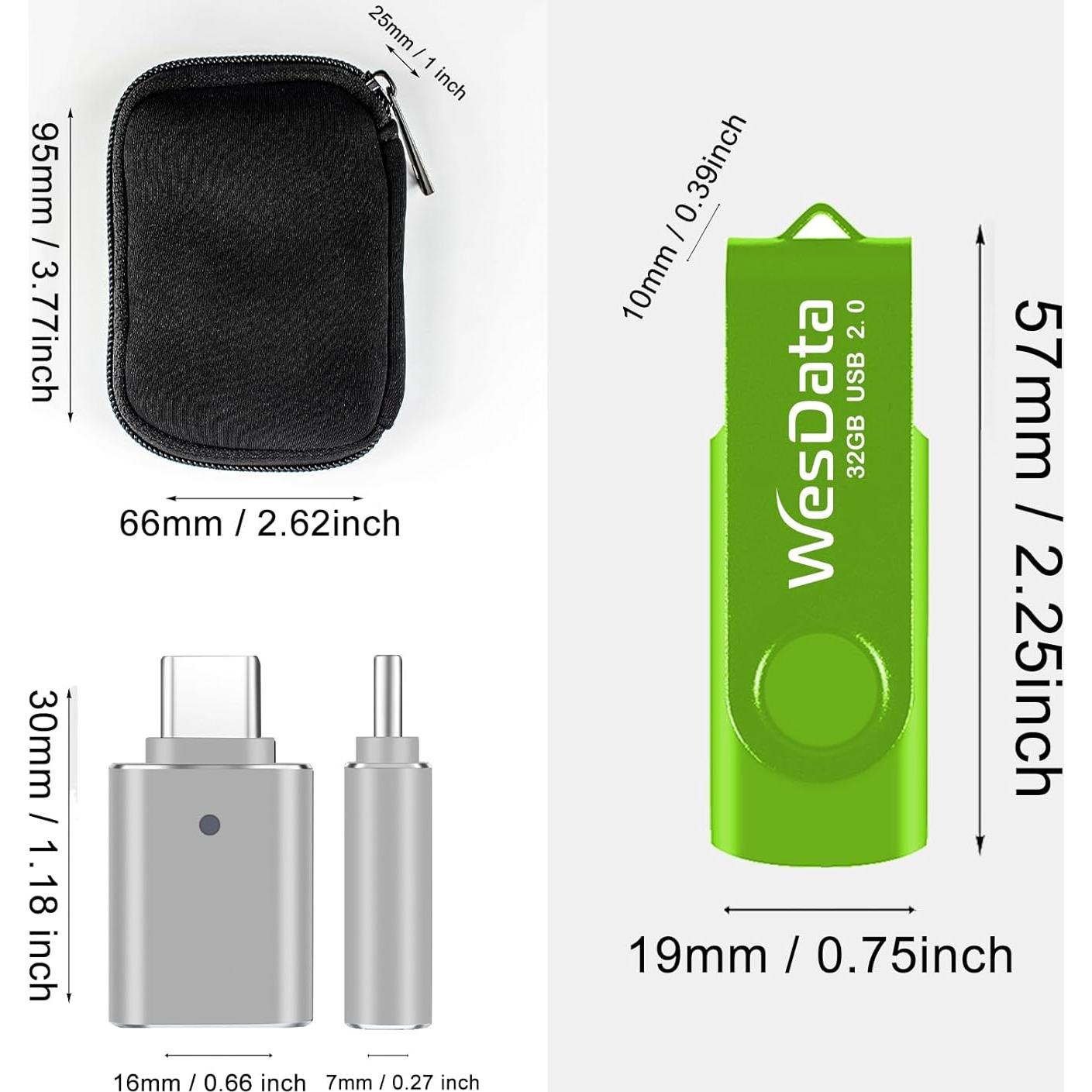 Paquete de 5 unidades USB 2.0 8GB WesData + 2 adaptadores C