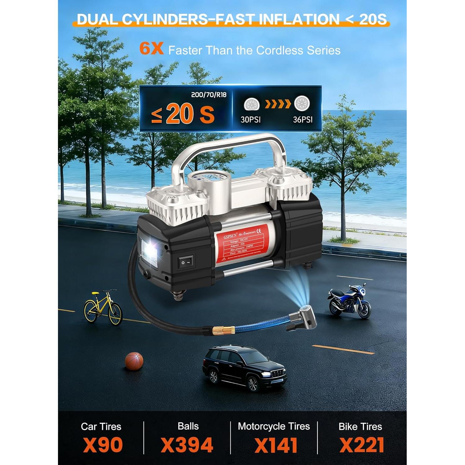 Compresor de Aire Digital GSPSCN 12V 240W Doble Cilindro 150PSI