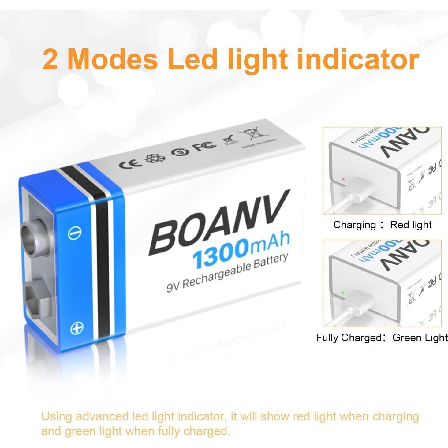 Baterías Recargables 9V BOANV 1300mAh 8PCS USB-C Alta Capacidad