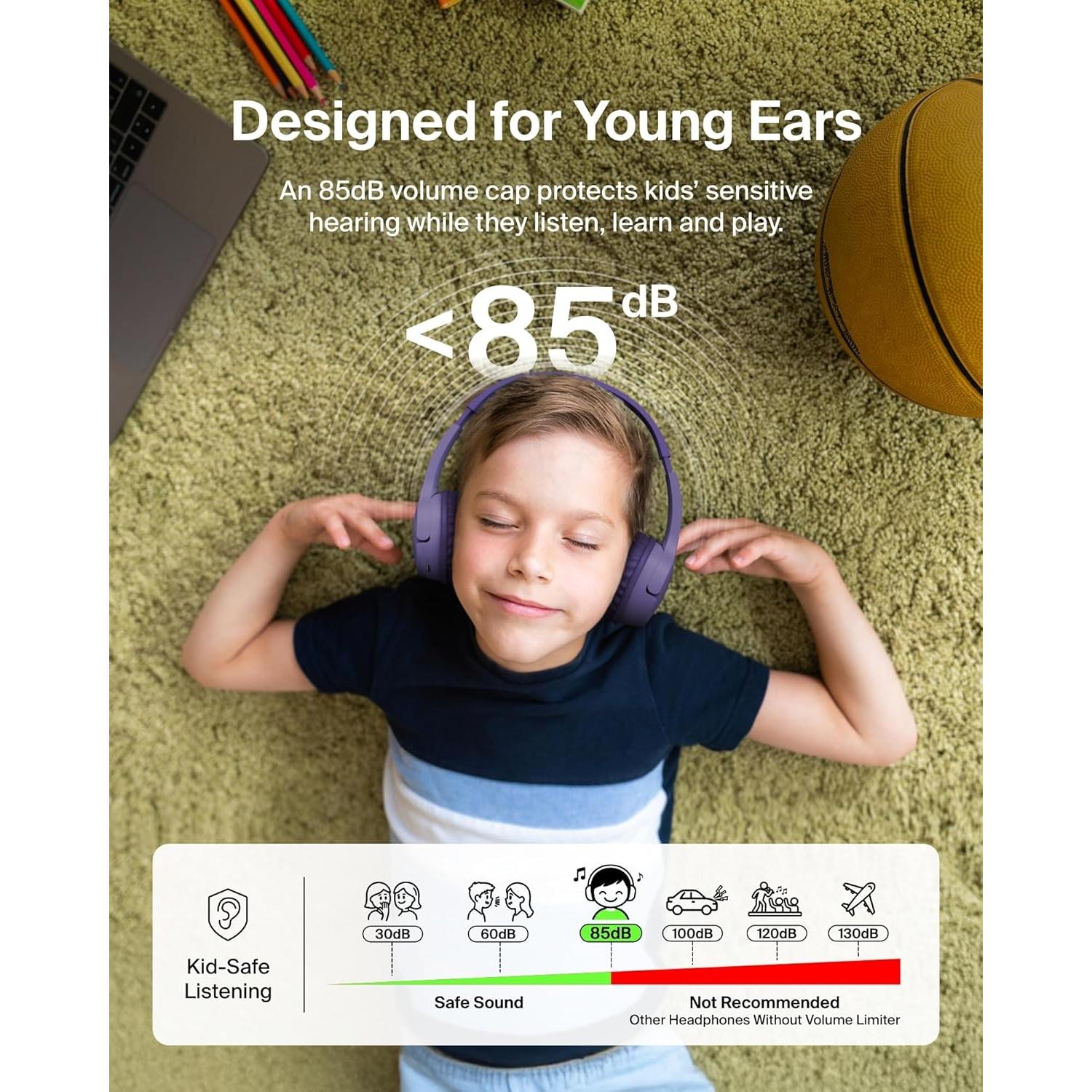 Auriculares Inalámbricos Bluetooth Belkin SoundForm Mini Niños - 30H Batería, Volumen Seguro 85dB, Púrpura