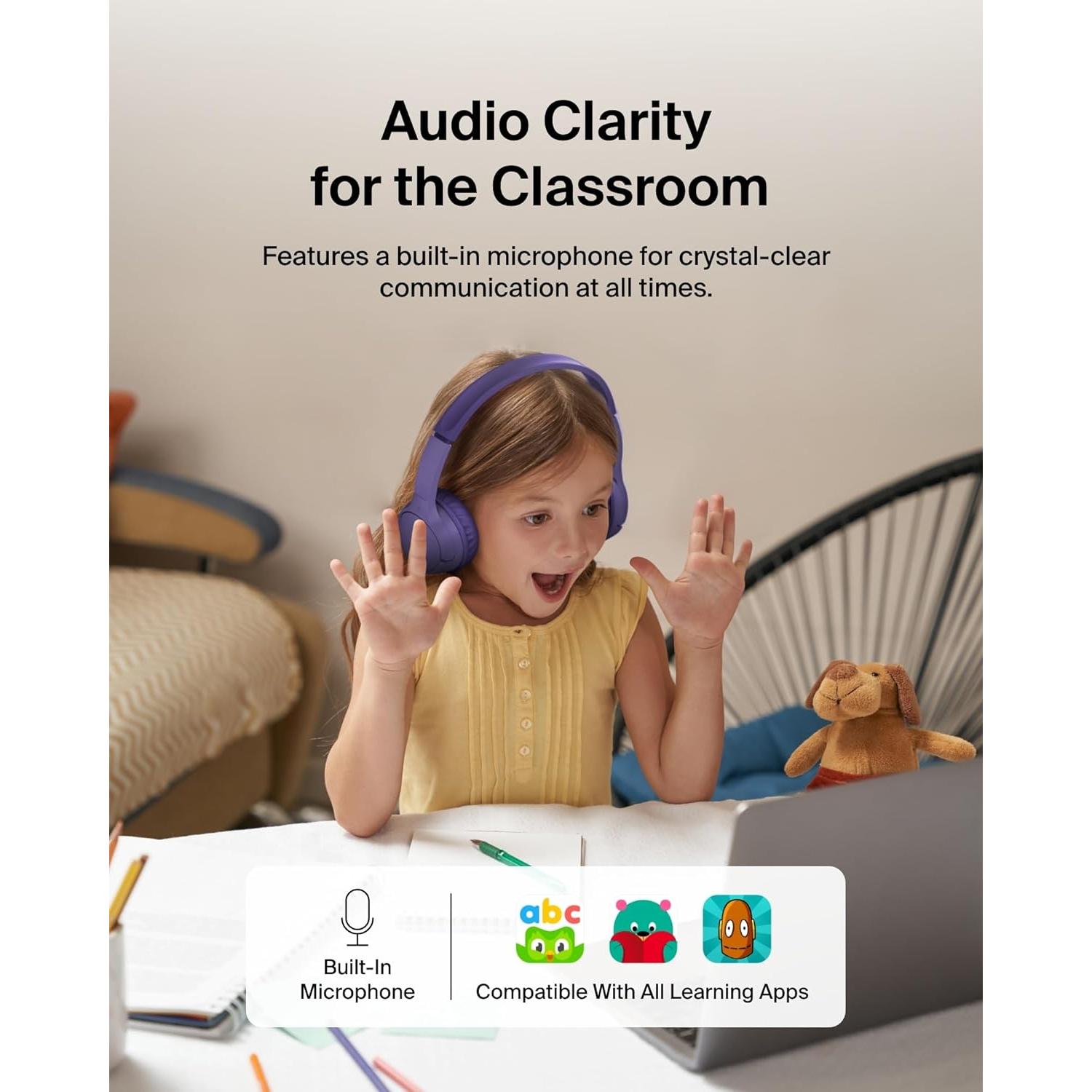 Auriculares Inalámbricos Bluetooth Belkin SoundForm Mini Niños - 30H Batería, Volumen Seguro 85dB, Púrpura