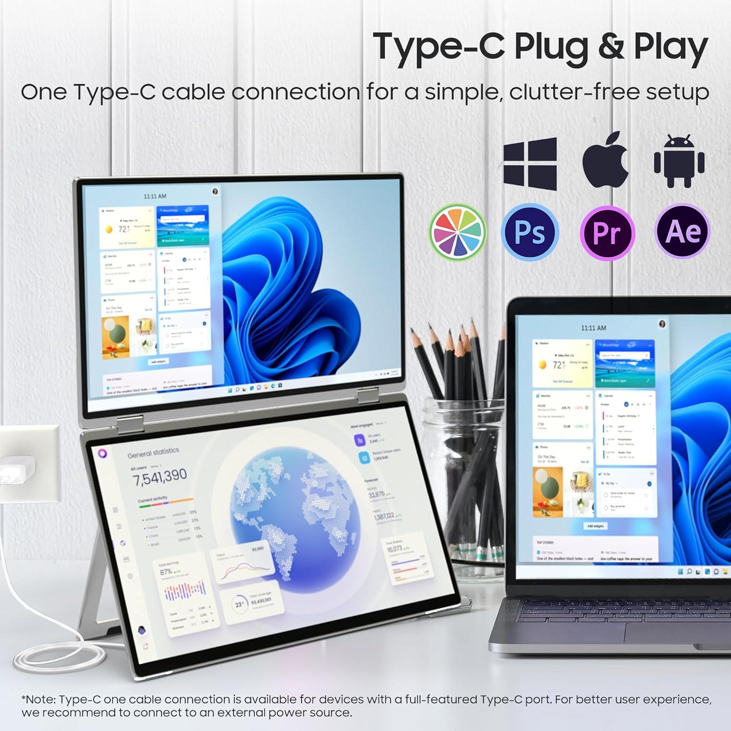 Monitor Doble Plegable 15.6" Wisecoco IPS 1080P HDMI USB-C