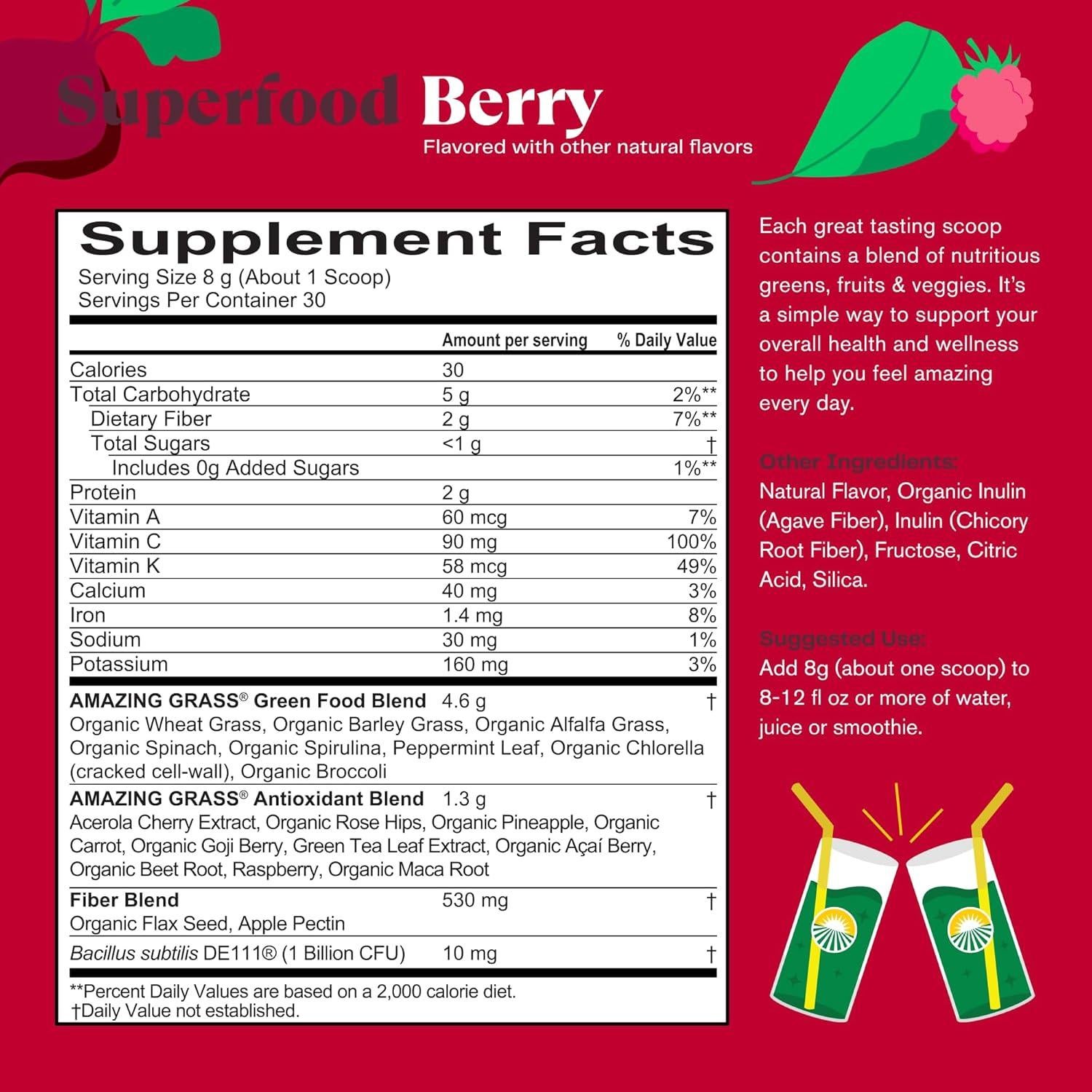 Polvo Superalimento Verde Amazing Grass 30 Porciones Sabor Baya