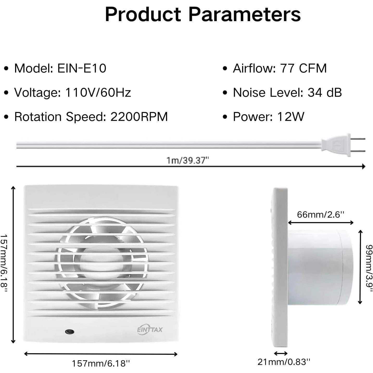 Ventilador de Extracción de Pared EINTTAX 4" 12W 77 CFM Blanco