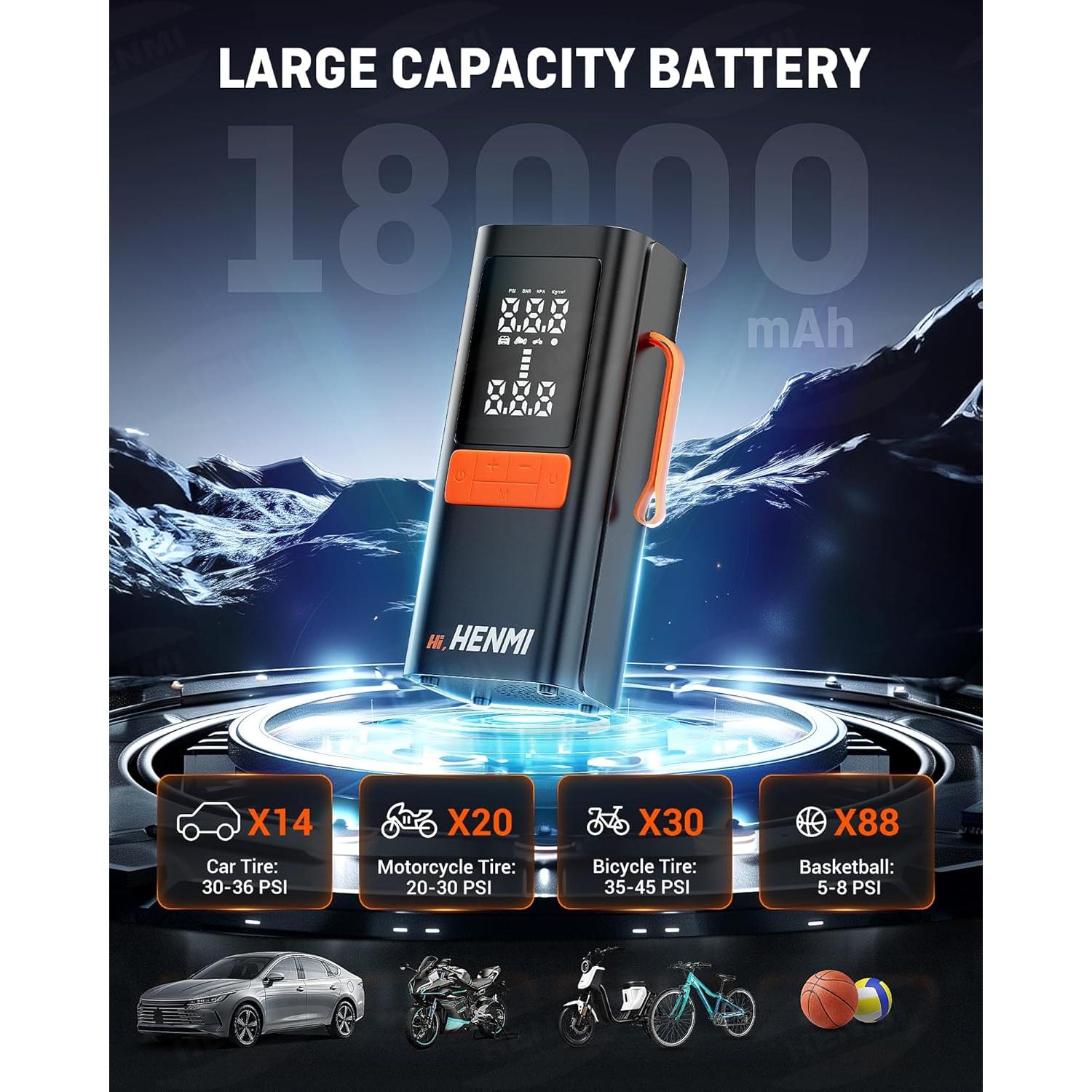 Compresor de Aire Portátil HENMI 18000mAh 170 PSI para Neumáticos