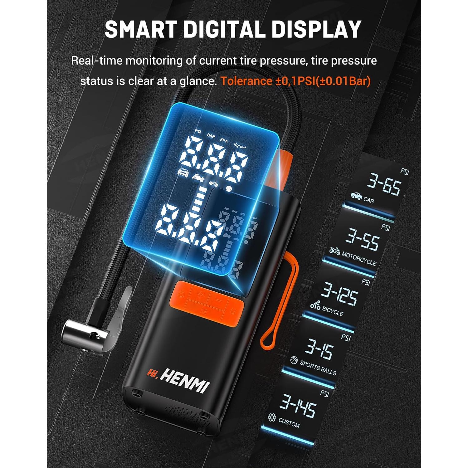 Compresor de Aire Portátil HENMI 18000mAh 170 PSI para Neumáticos