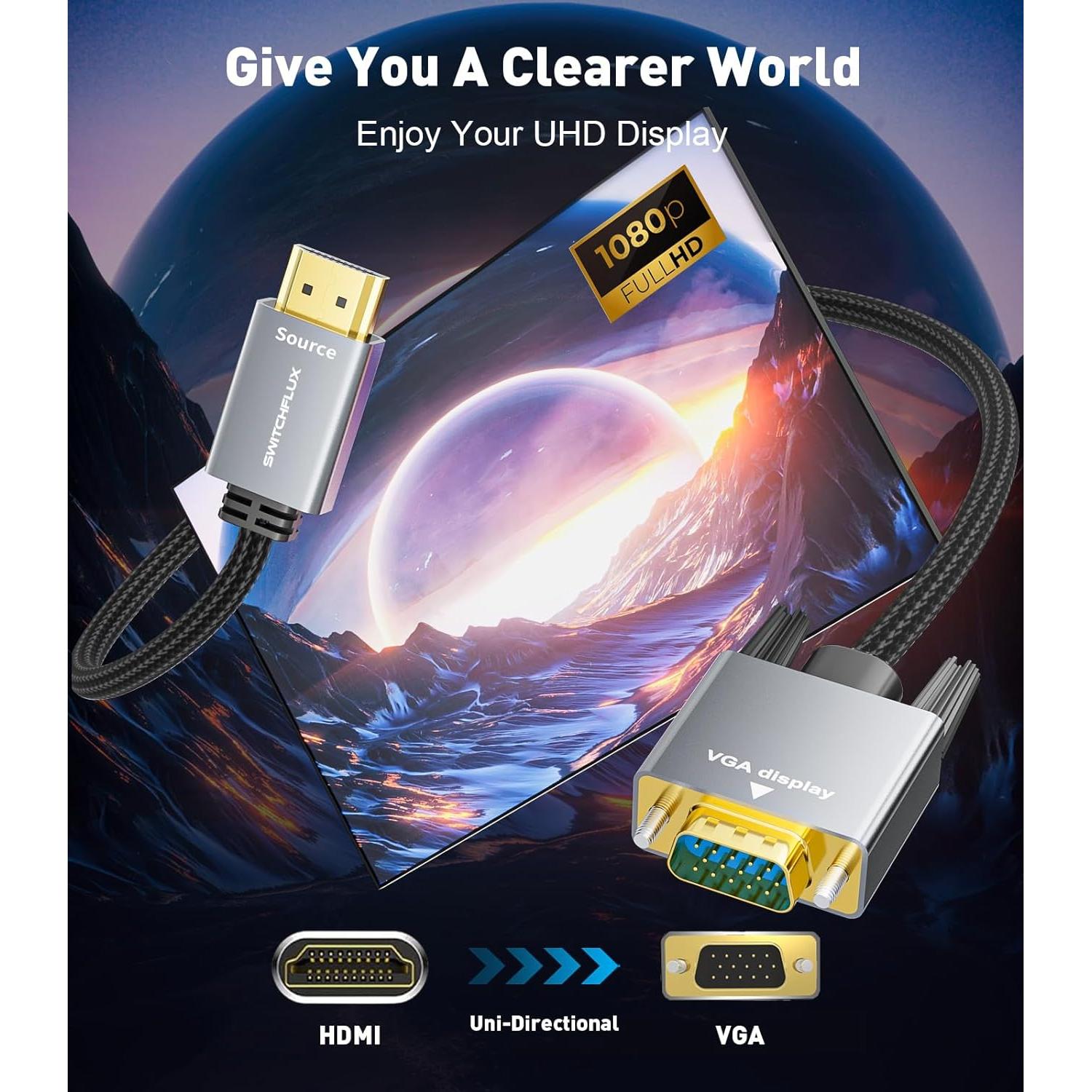 Cable Adaptador HDMI a VGA 0.91m SWITCHFLUX 1080P Unidireccional