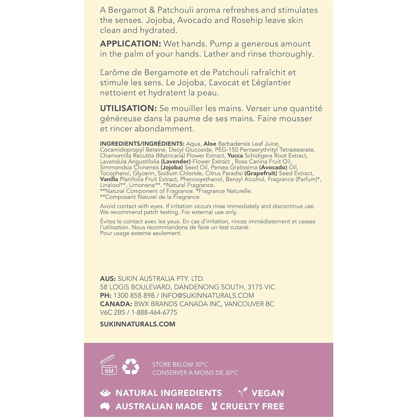 Jabón de Manos Sukin Bergamota y Pachulí 500ml Natural